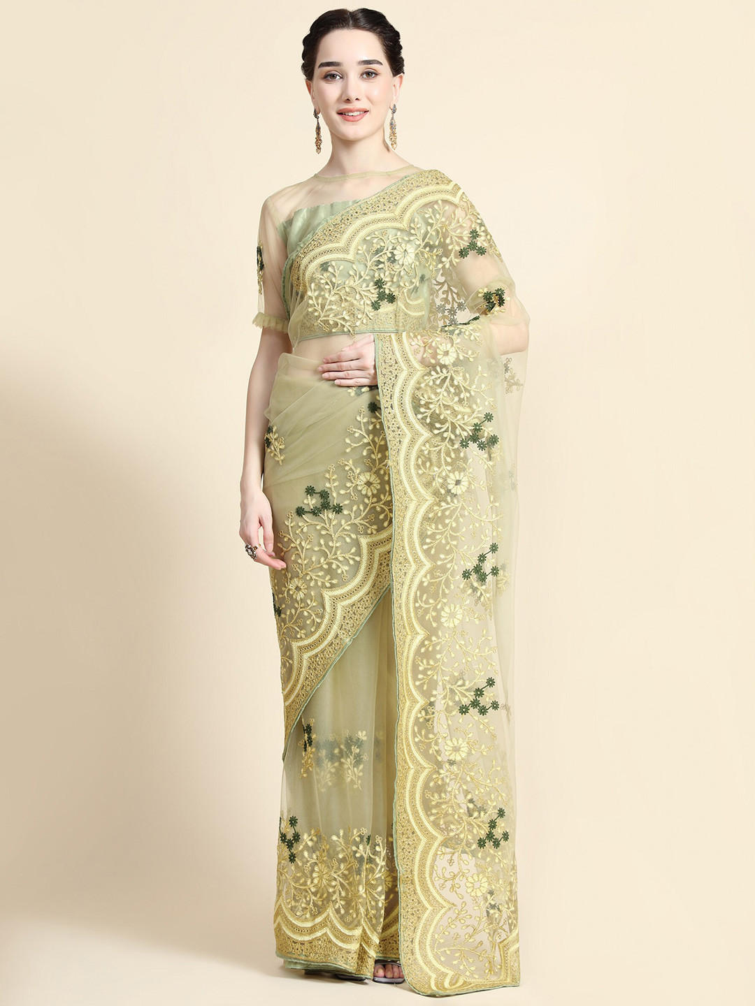 

ORUS Beige Floral Embroidered Net Heavy Work Saree