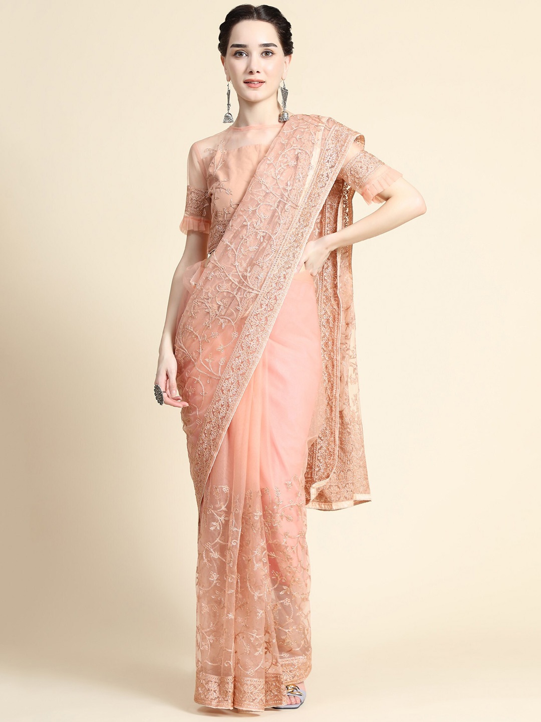 

ORUS Orange Floral Embroidered Net Saree