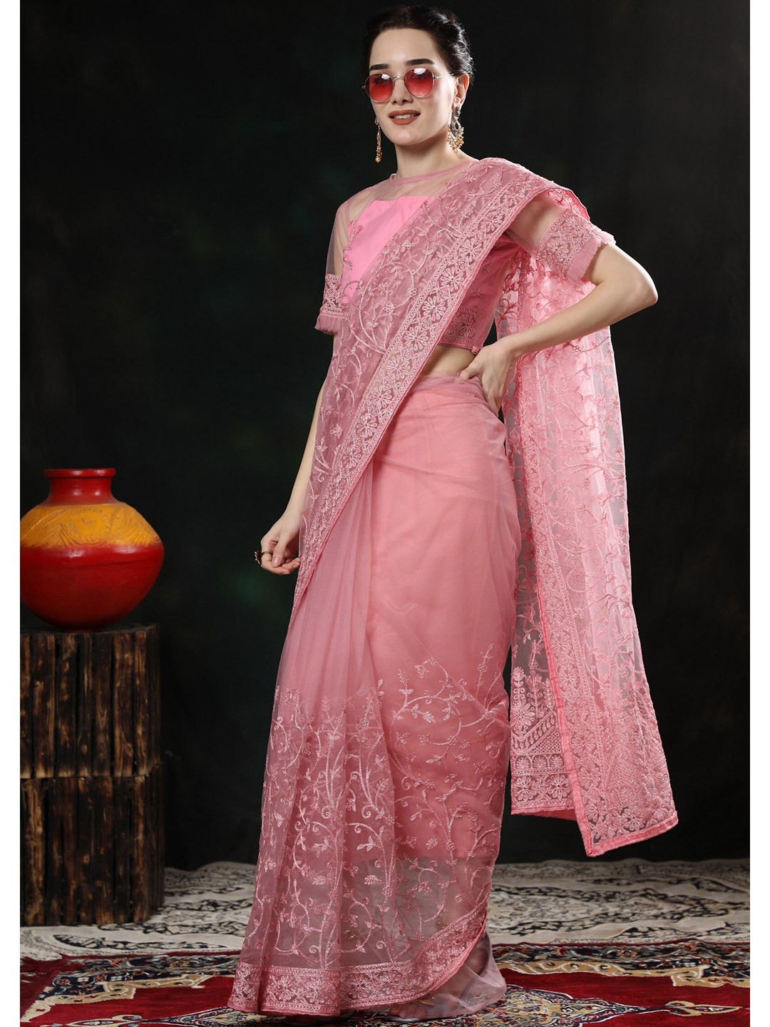 

ORUS Pink & Silver-Toned Floral Embroidered Net Saree