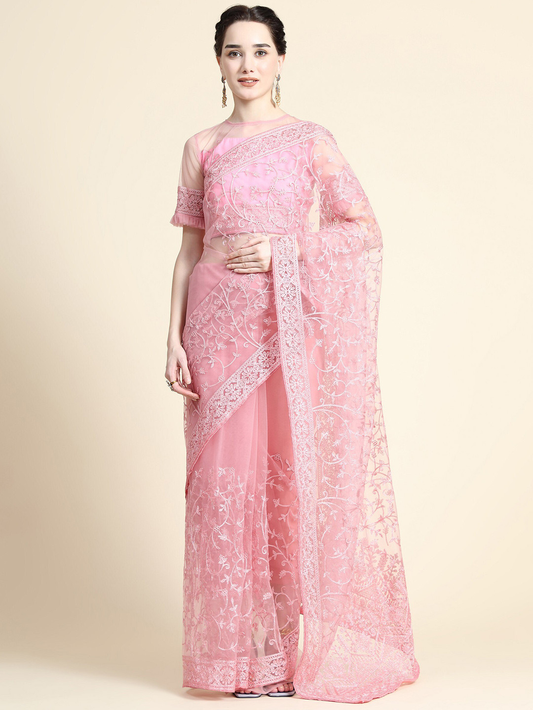 

ORUS Pink Floral Embroidered Net Heavy Work Saree