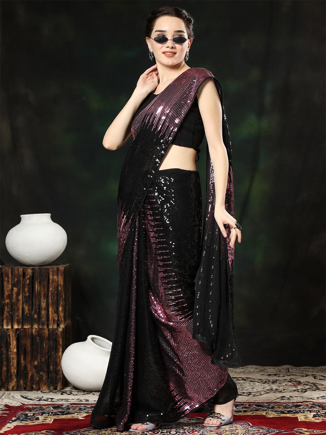 

ORUS Pink & Black Embellished Sequinned Pure Georgette Saree