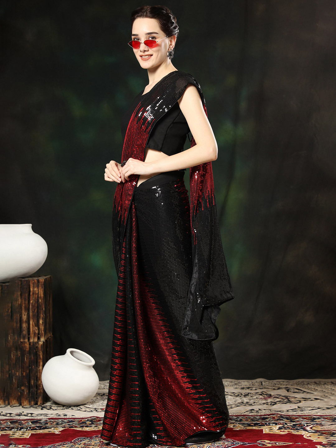 

ORUS Red & Black Embellished Sequinned Pure Georgette Saree