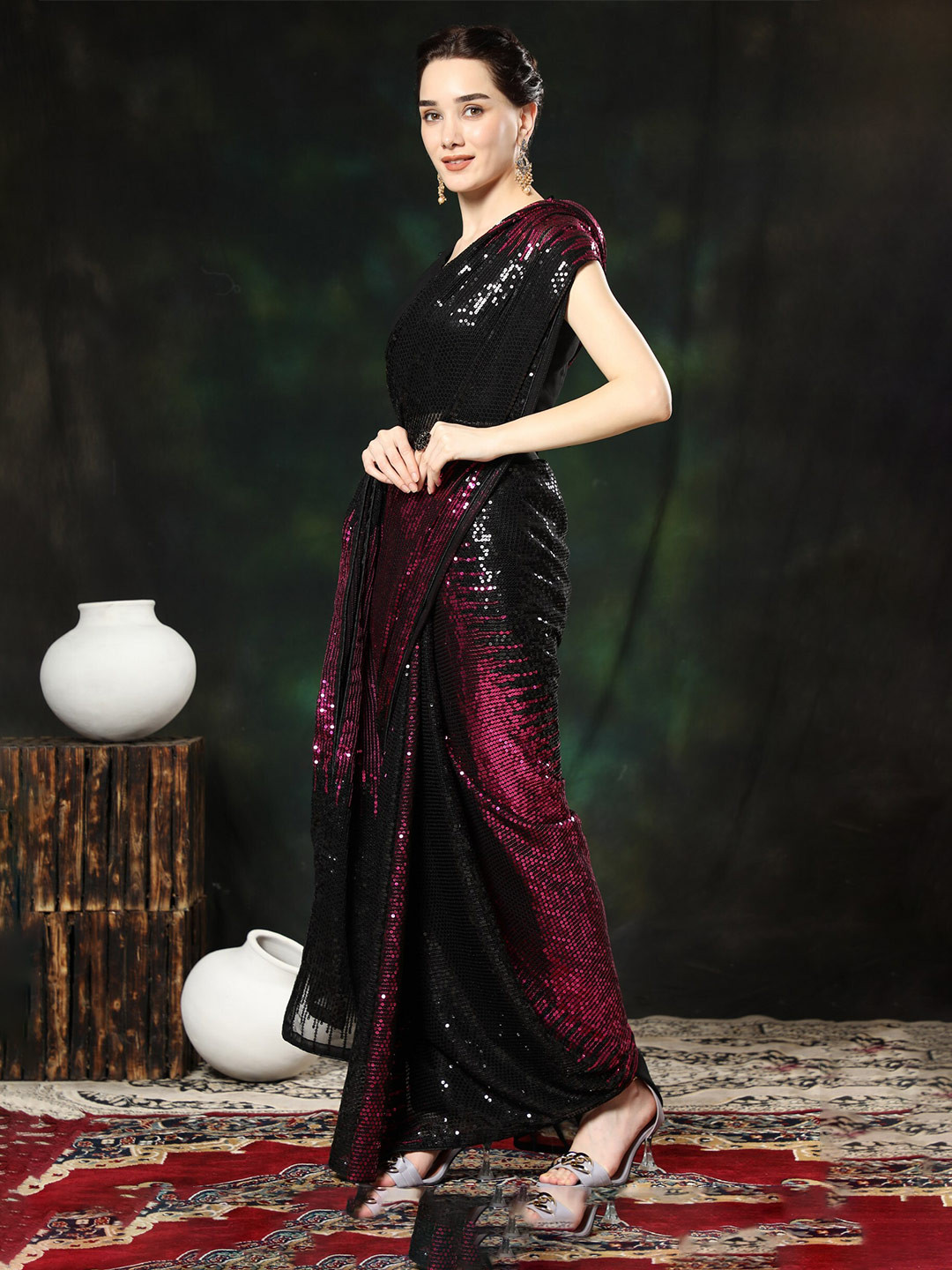 

ORUS Pink & Black Embellished Sequinned Pure Georgette Saree