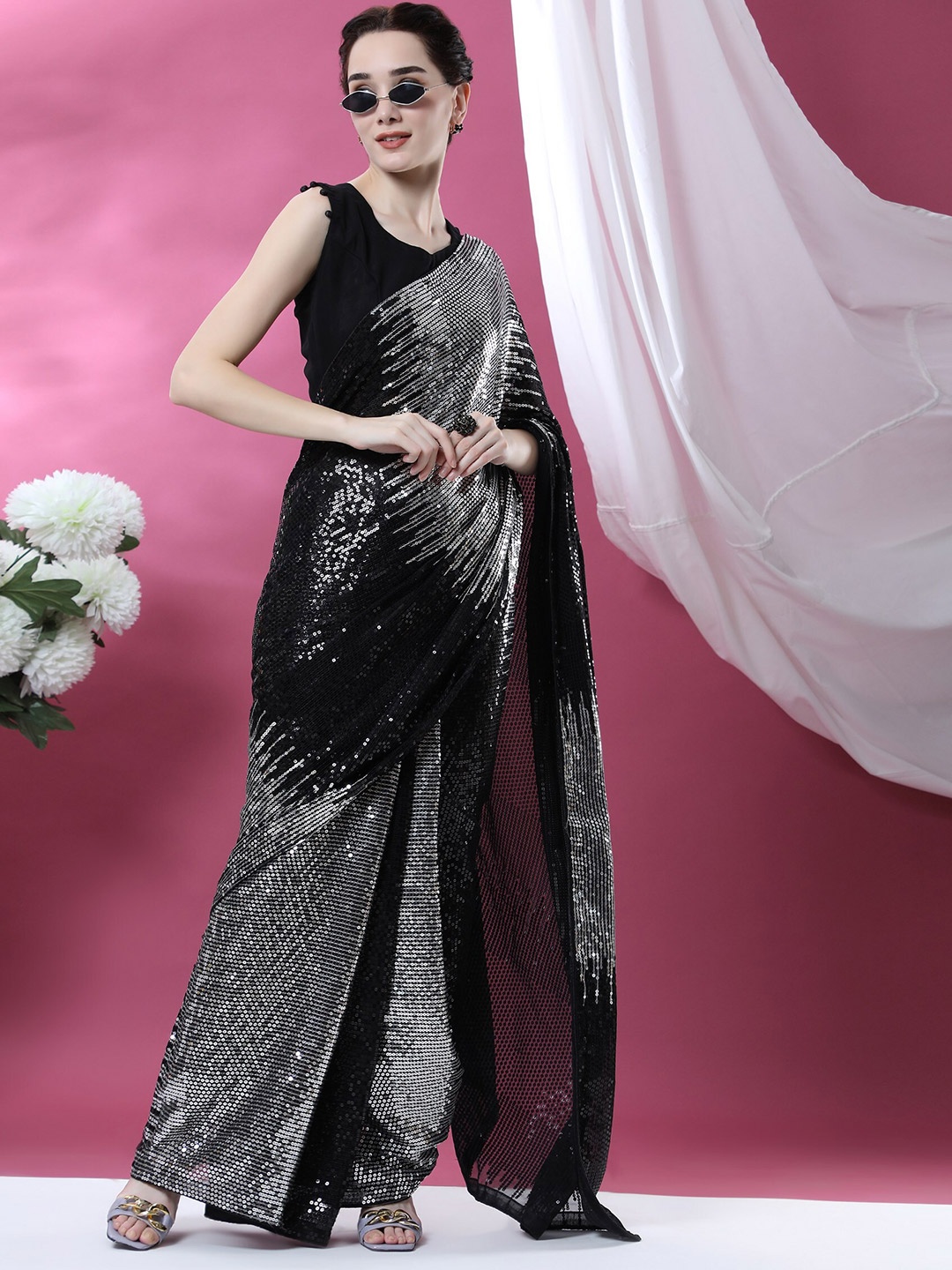 

ORUS Grey & Black Embellished Sequinned Pure Georgette Saree