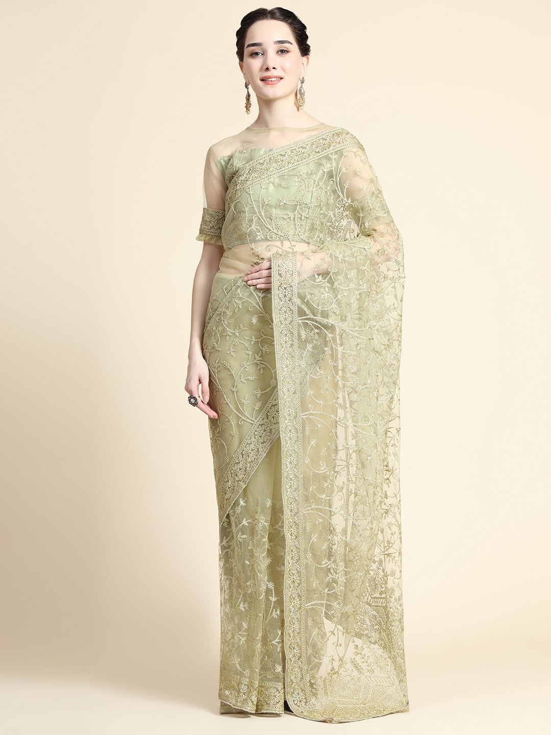 

ORUS Women Beige Floral Embroidered Net Heavy Work Saree
