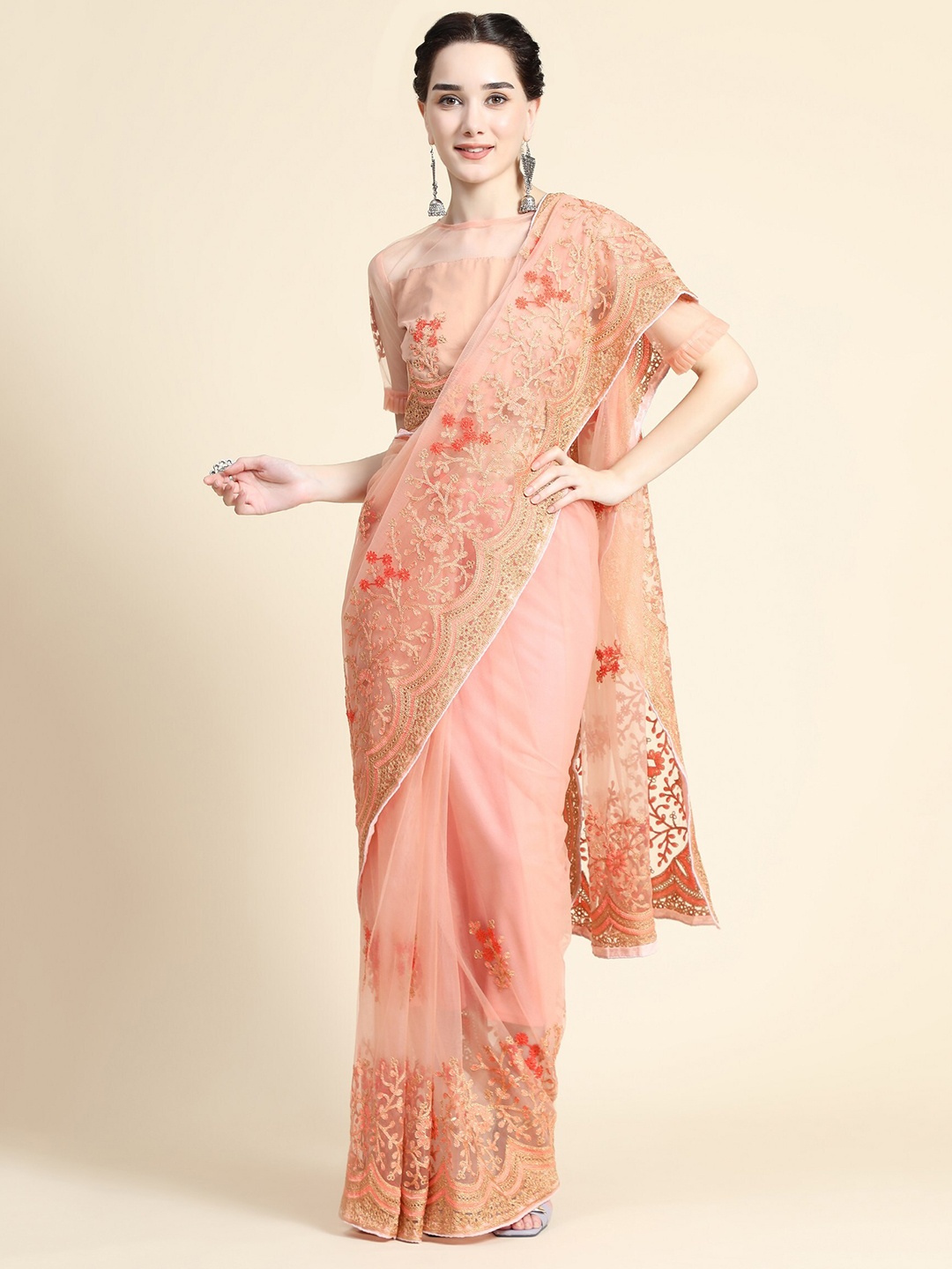 

ORUS Orange & Red Floral Embroidered Net Saree