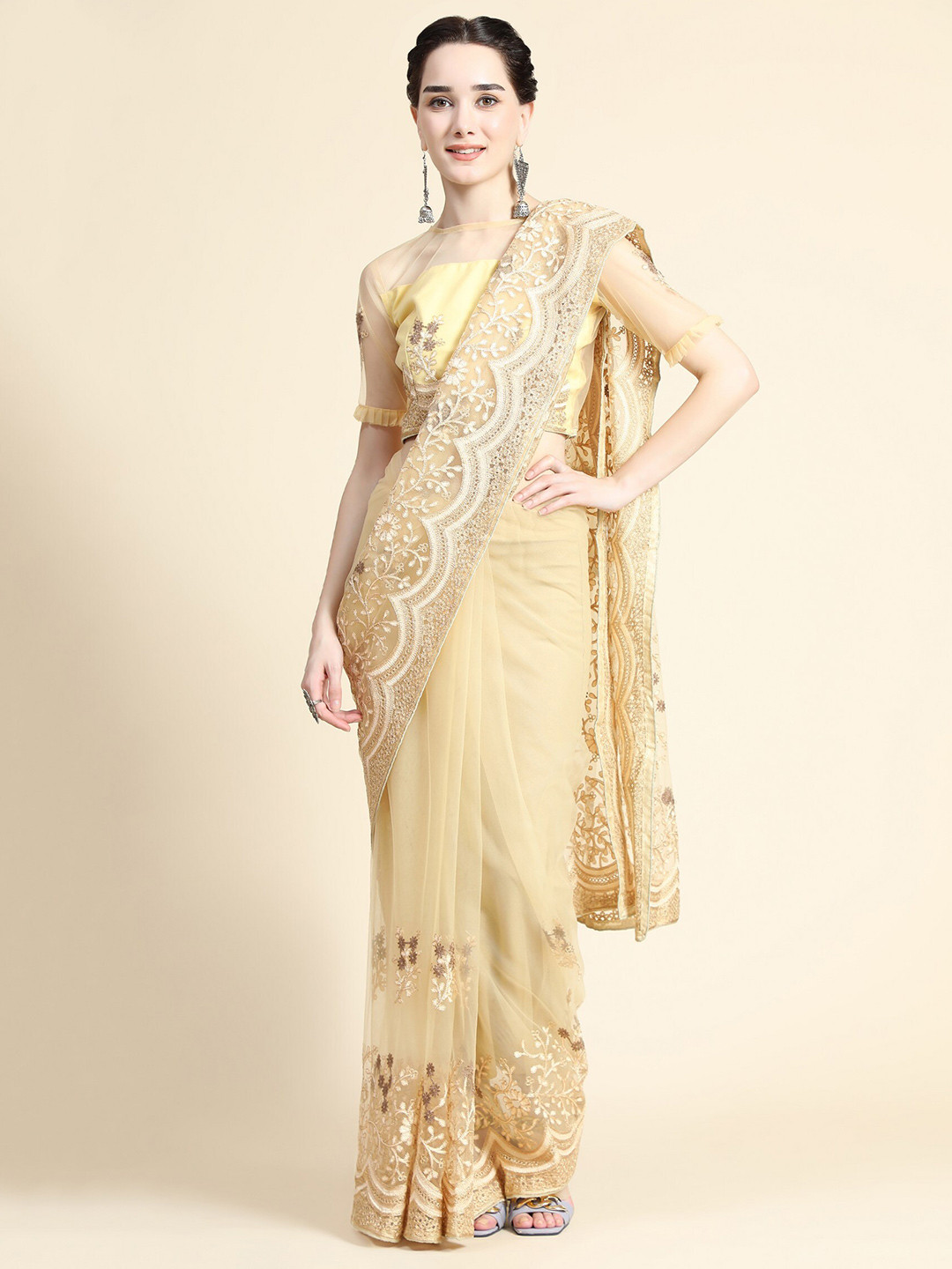 

ORUS Yellow & White Floral Embroidered Net Saree