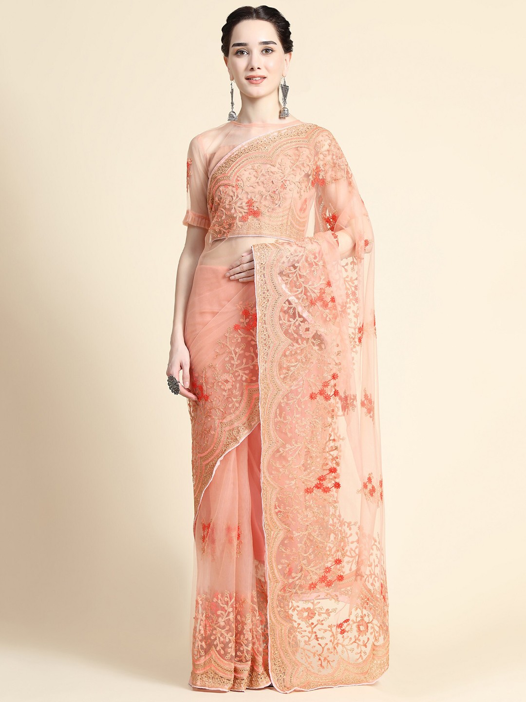 

ORUS Orange & Gold-Toned Floral Embroidered Net Saree