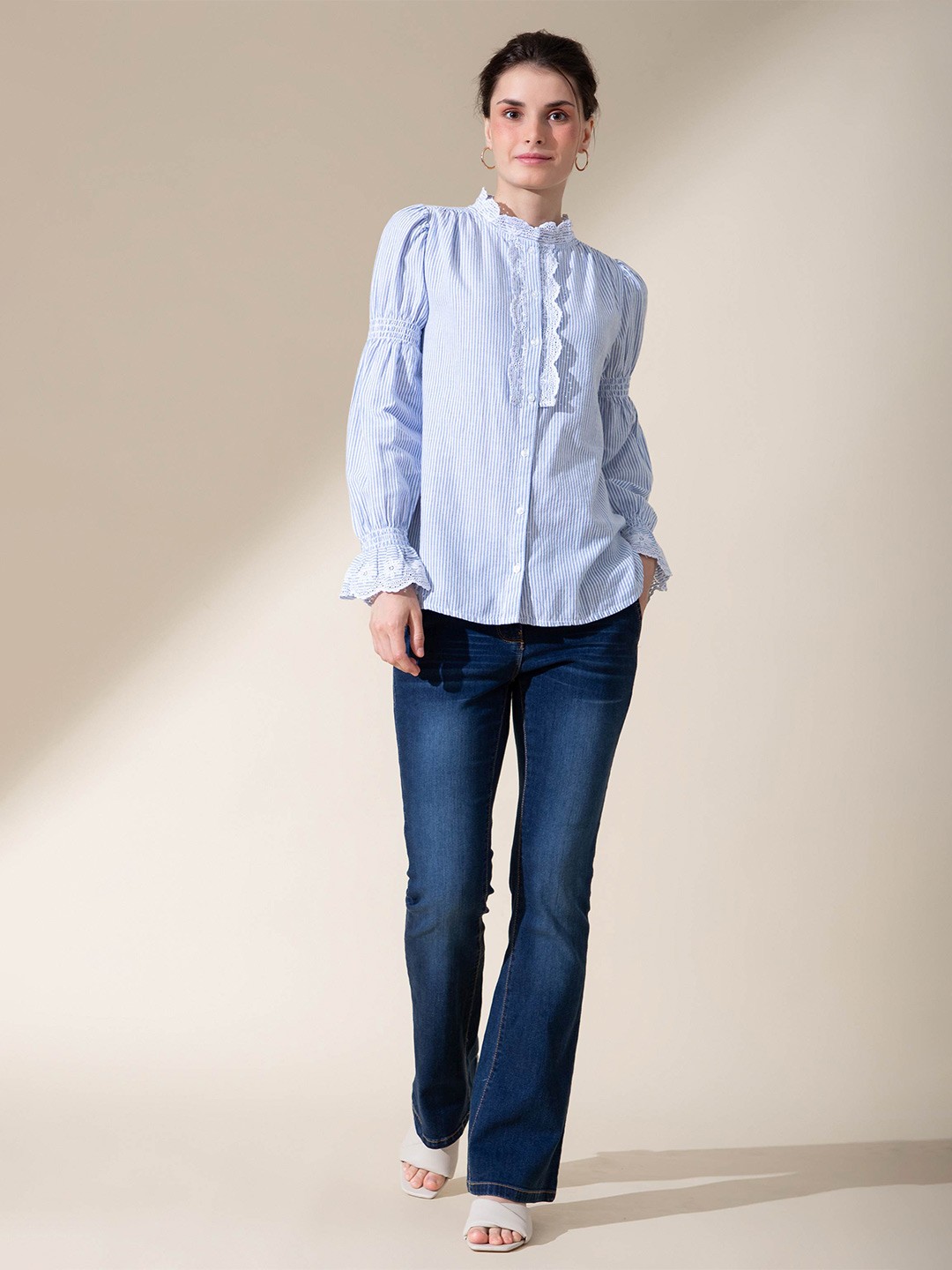

B.Copenhagen Blue Striped Mandarin Collar Shirt Style Top