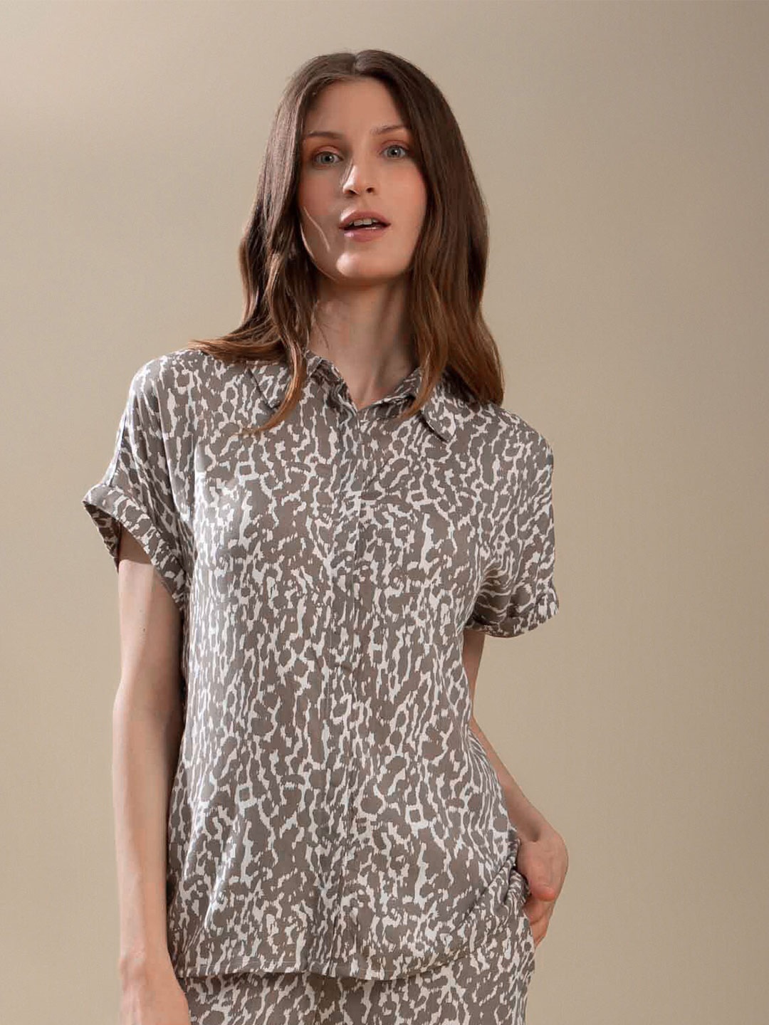 

B.Copenhagen Women Green Animal Print Shirt Style Top