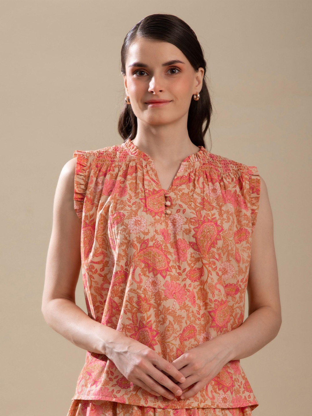 

B.Copenhagen Orange & Pink Print Mandarin Collar Top