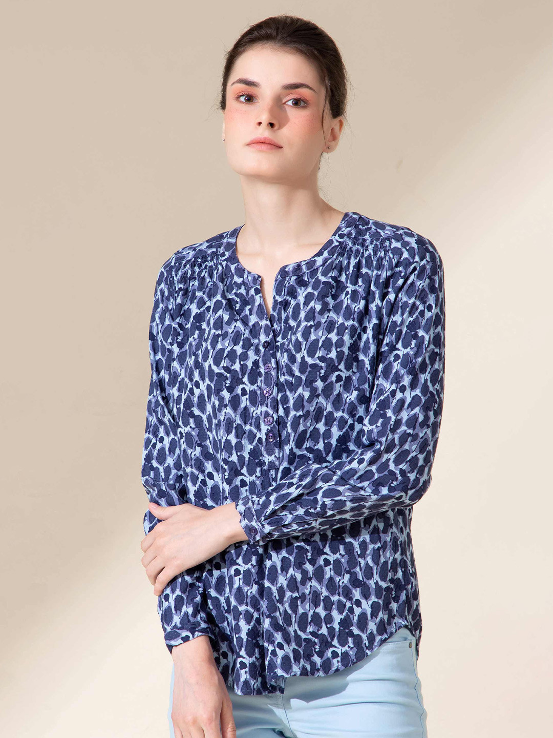 

B.Copenhagen Blue Floral Print Mandarin Collar Shirt Style Top