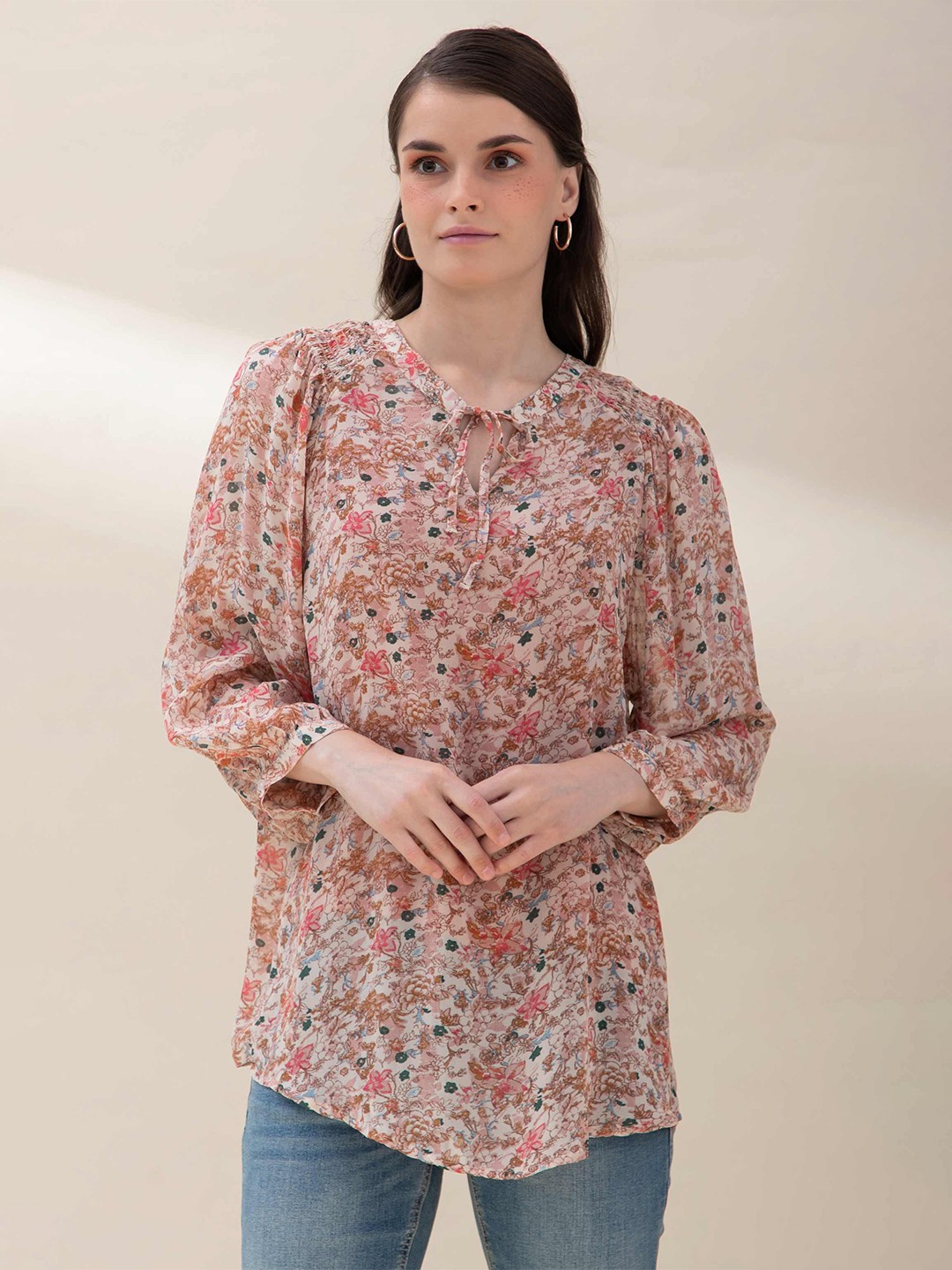 

B.Copenhagen Pink Floral Print Tie-Up Neck Top