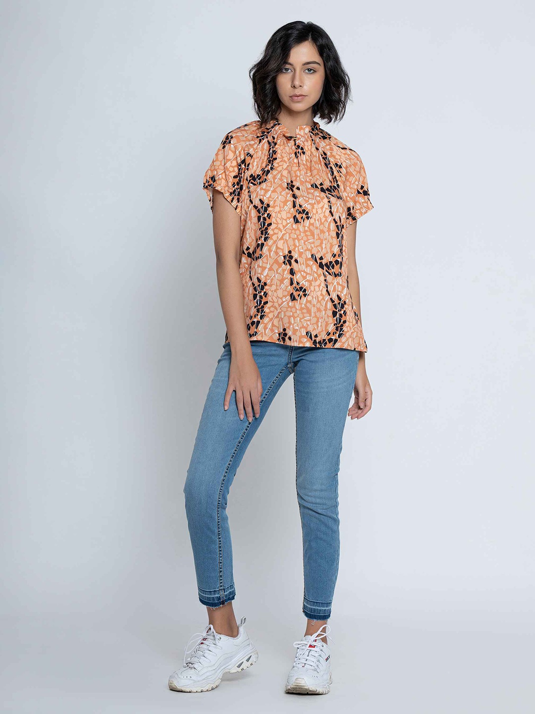 

B.Copenhagen Orange Floral Print Mandarin Collar Top