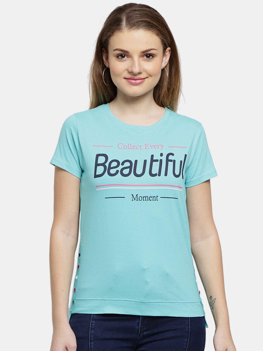 

V-Mart Women Blue Typography Printed Raw Edge T-shirt