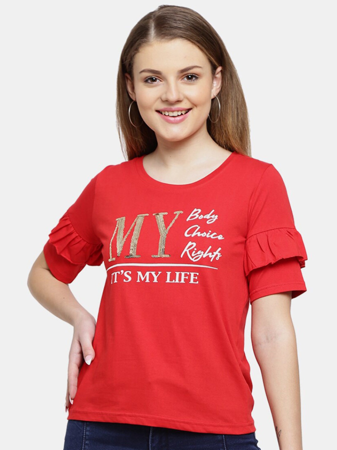 

V-Mart Women Red Typography Printed T-shirt
