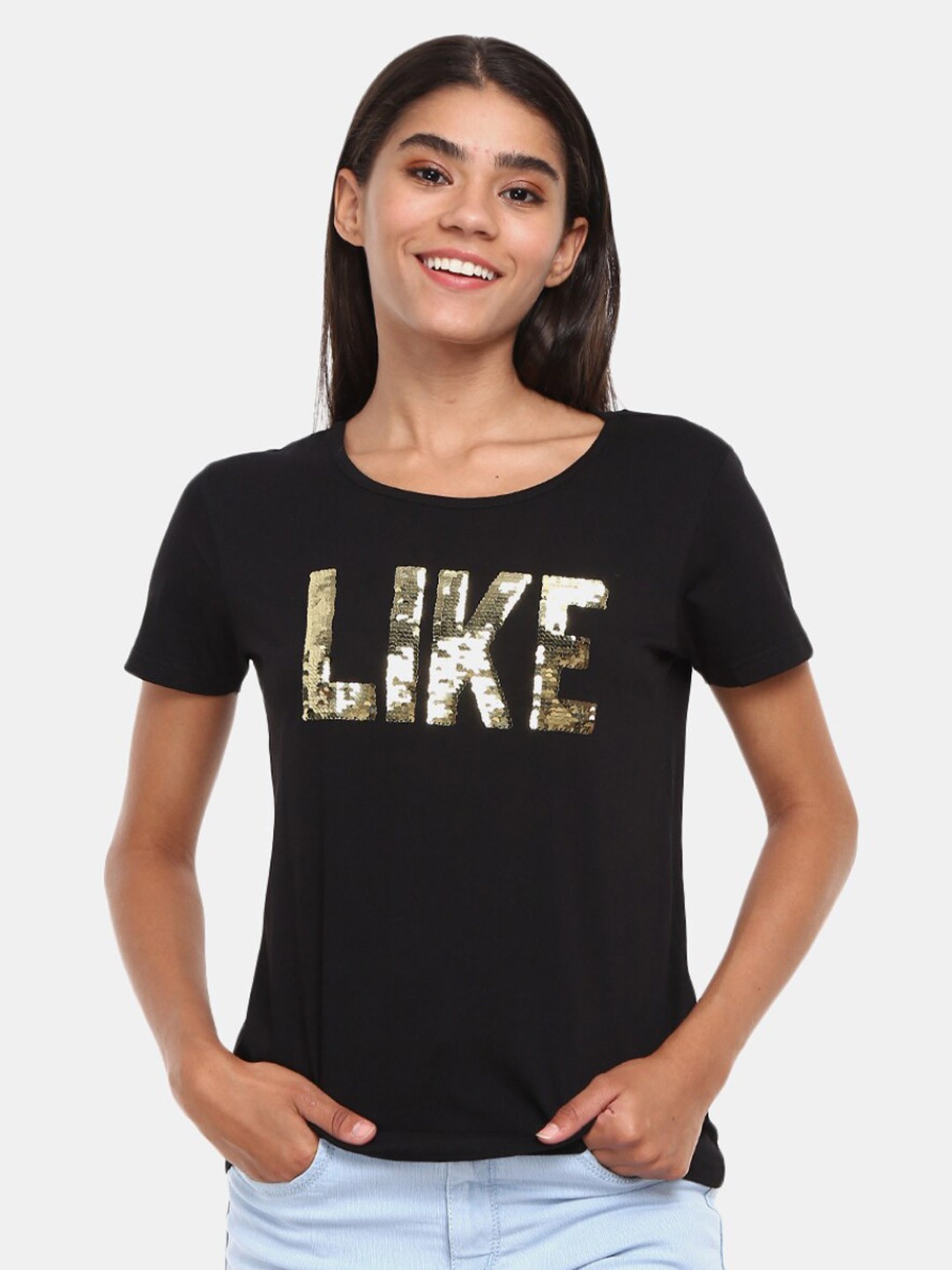 

V-Mart Women Black & Gold-Toned Typography Printed T-shirt