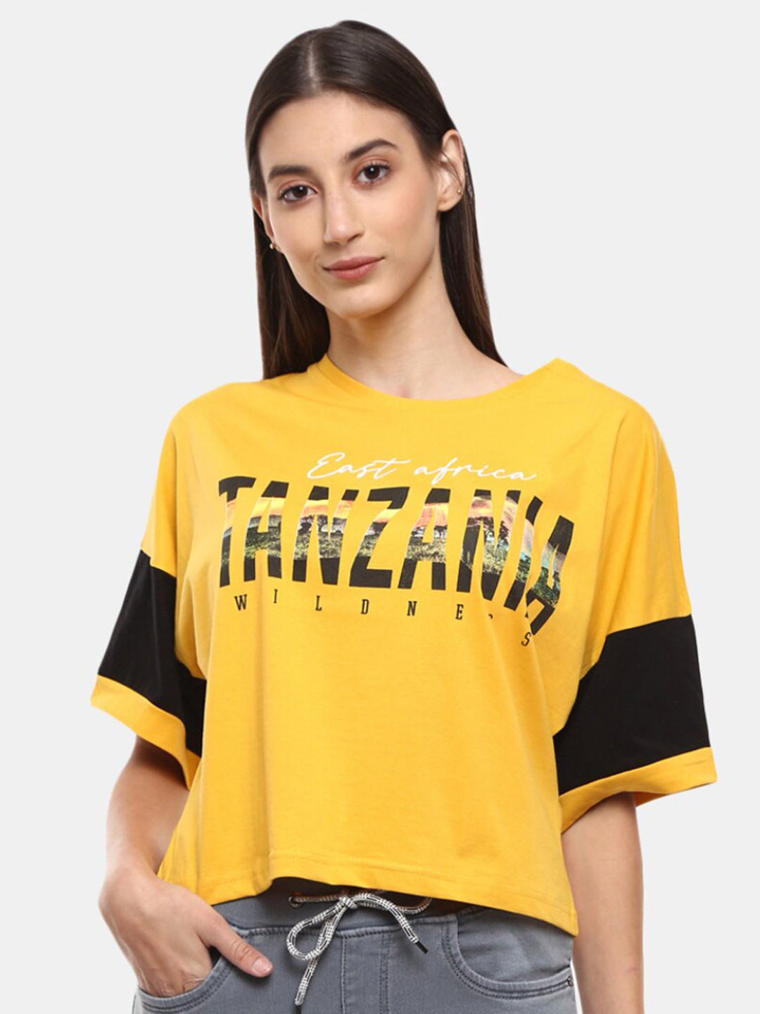 

V-Mart Women Yellow Typography Printed Extended Sleeves T-shirt