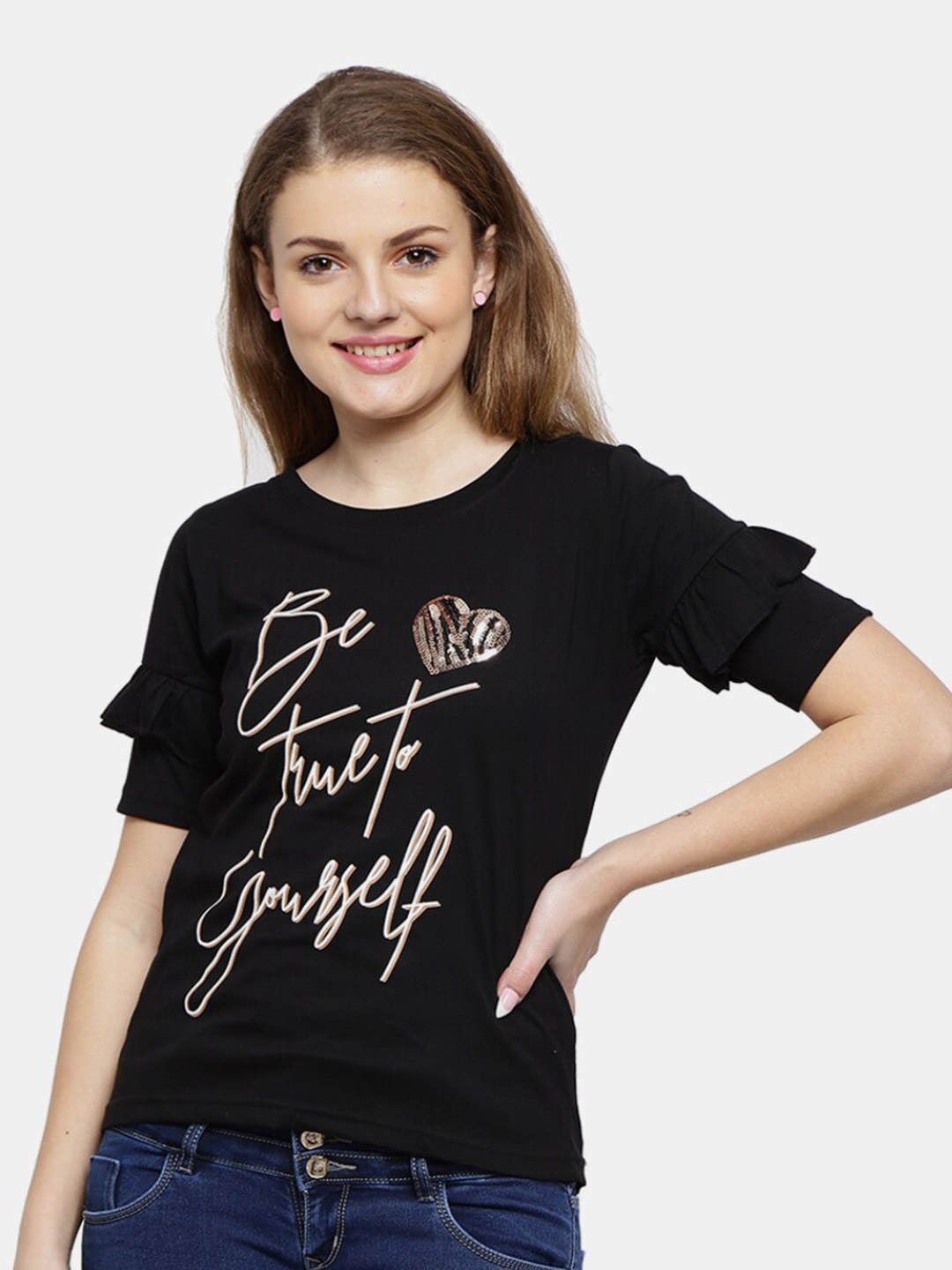 

V-Mart Women Black Printed Layered Sleeves T-shirt