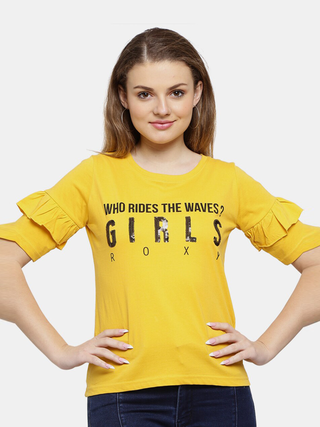 

V-Mart Women Mustard Yellow Typography Printed T-shirt