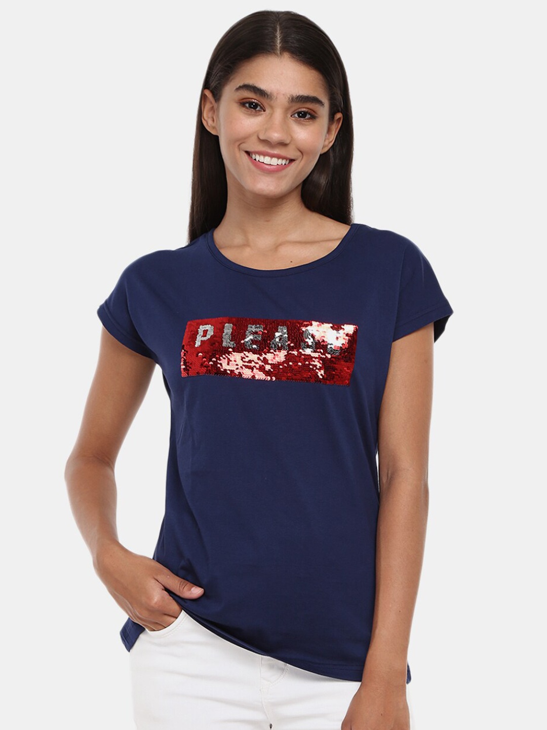 

V-Mart Women Navy Blue & Red Typography Printed Extended Sleeves T-shirt