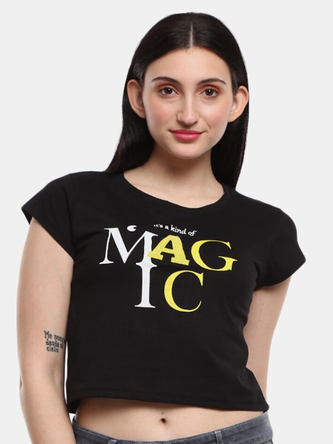 

V-Mart Women Black Typography Printed Extended Sleeves T-shirt