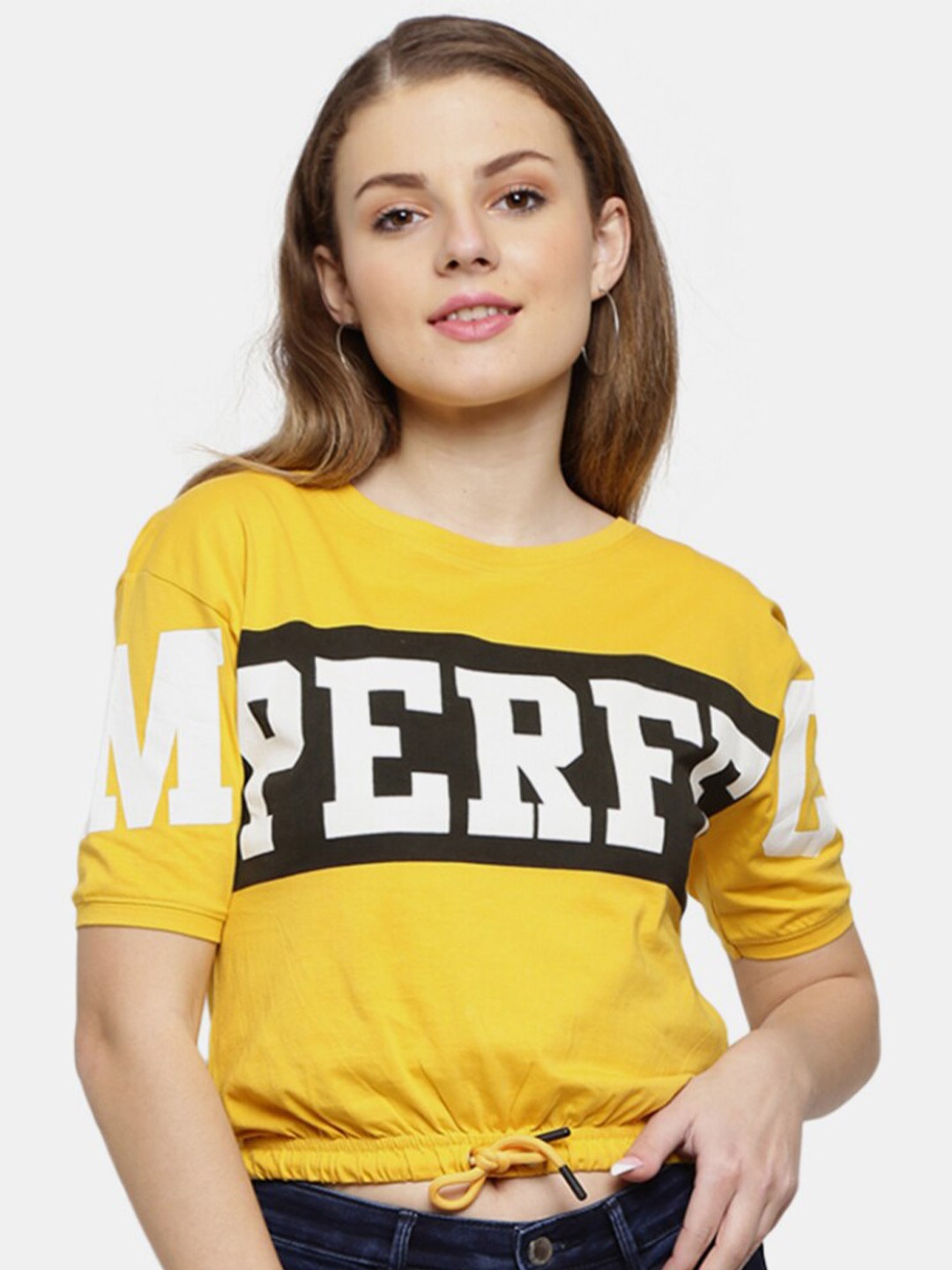 

V-Mart Women Mustard Yellow Typography Printed Extended Sleeves T-shirt