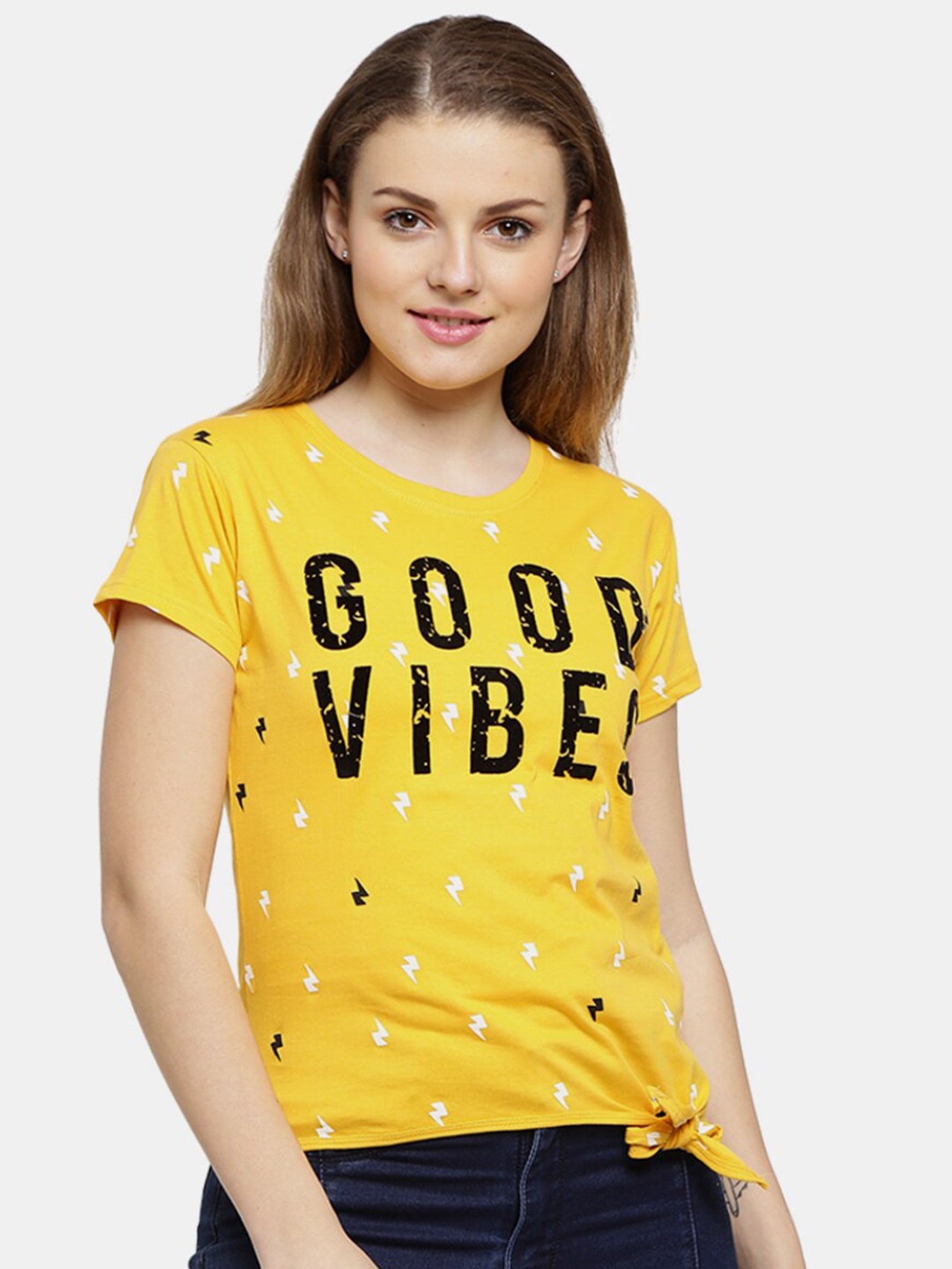 

V-Mart Women Mustard Yellow Typography Printed Extended Sleeves T-shirt