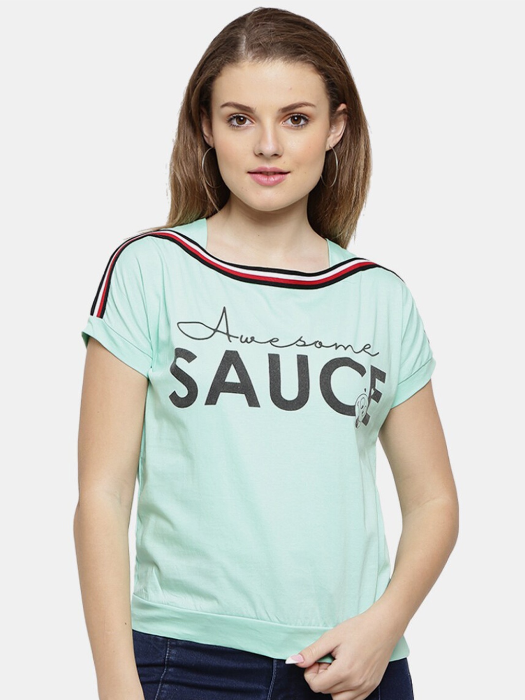 

V-Mart Women Green Typography Printed Extended Sleeves T-shirt