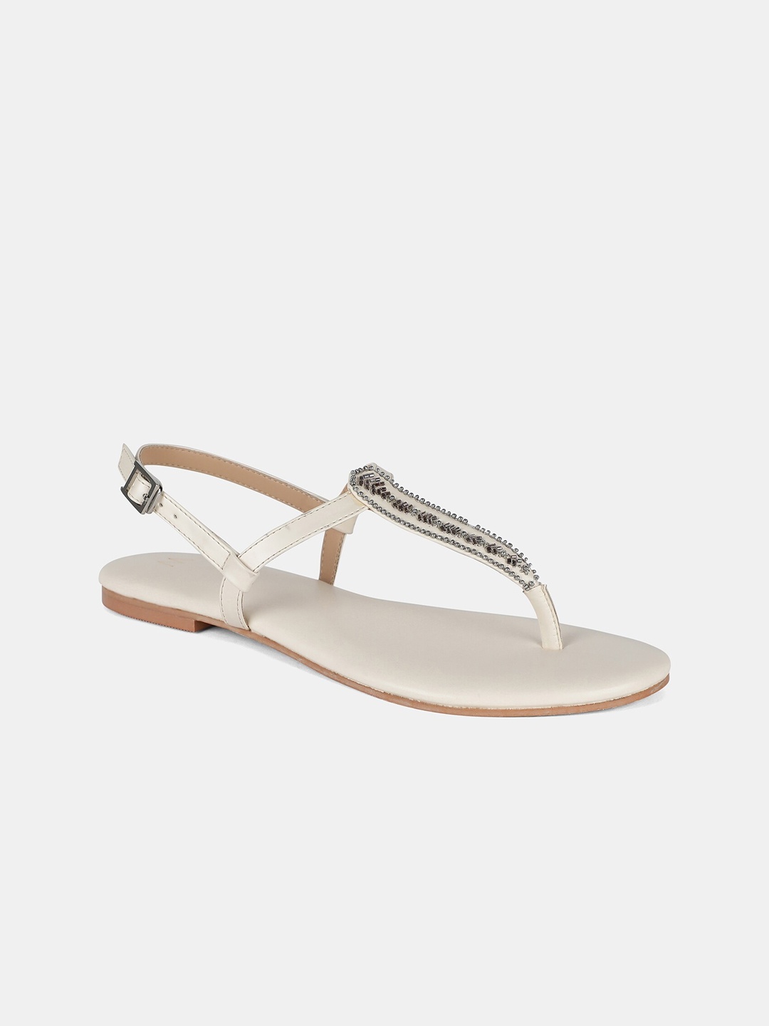 

W Women Off White Embellished T-Strap Flats