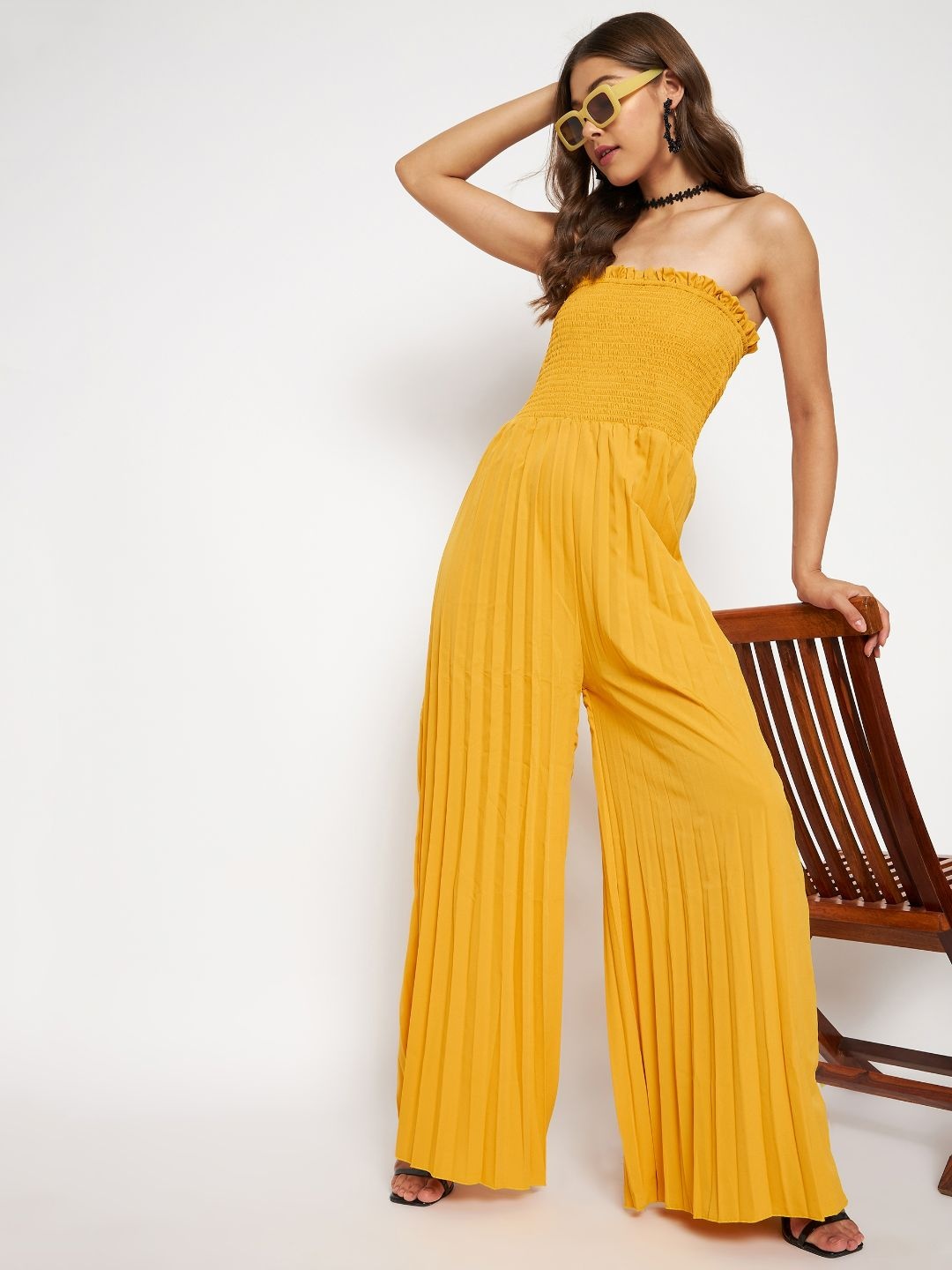

Uptownie Lite Women Smocked Strapless Maxi Jumpsuit, Yellow