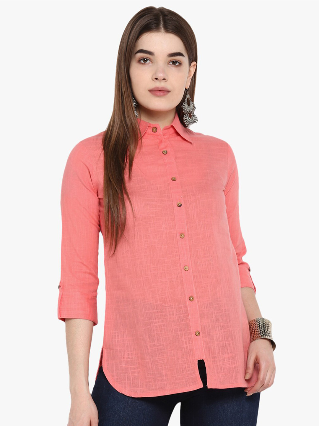 

ETHNIC STREET Pink Roll-Up Sleeves Shirt Style Top