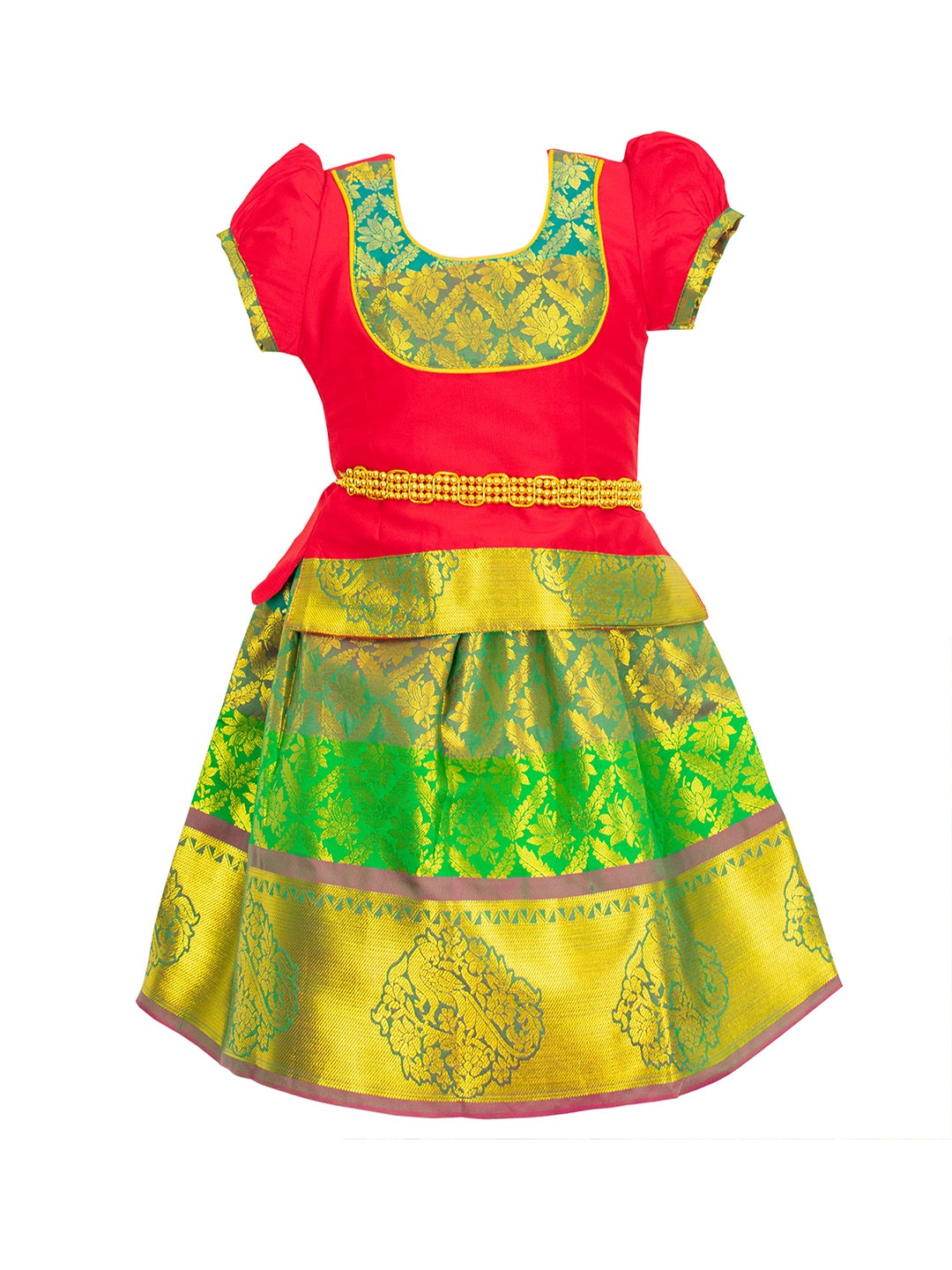 

AMIRTHA FASHION Girls Red & Green Ready to Wear Lehenga &