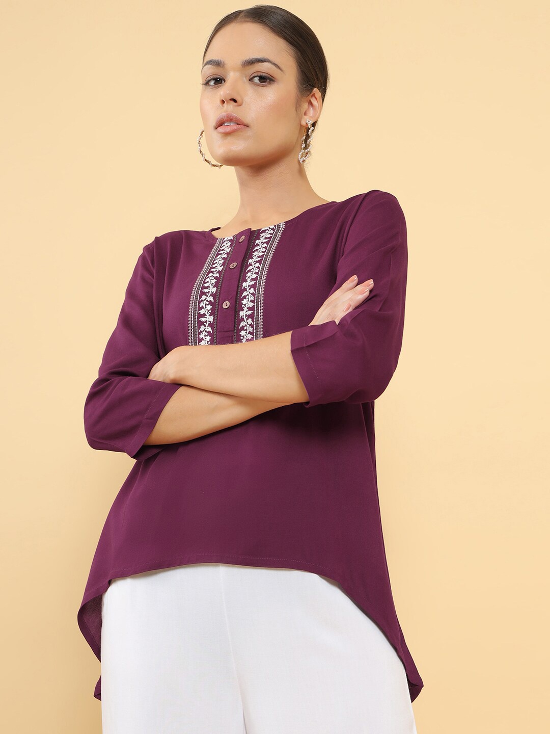 

Soch Women Maroon & White High -Low Tunic