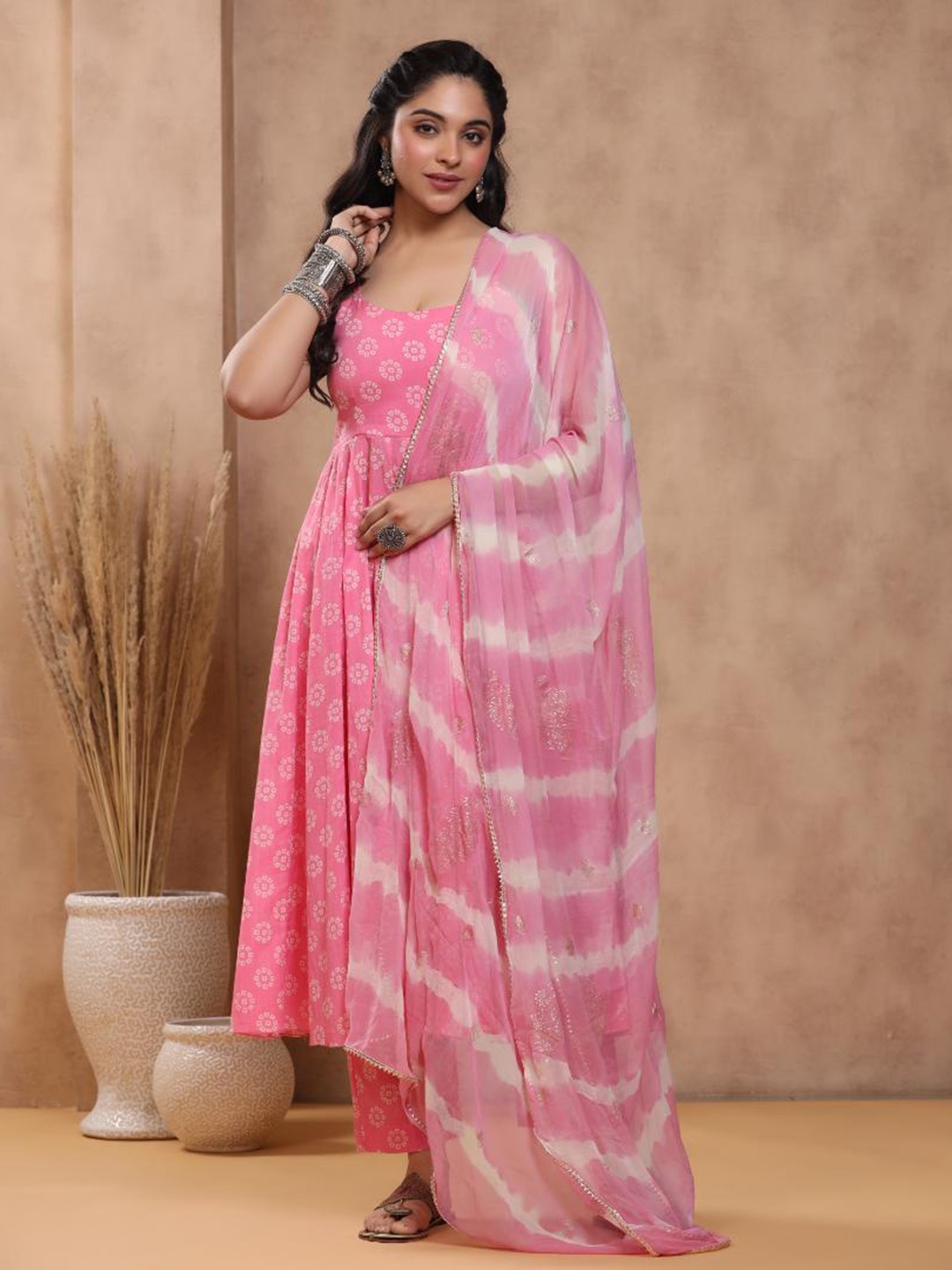 

Baisacrafts Women Pink Bandhani Printed Pure Cotton Kurta With Trouser & Dupatta