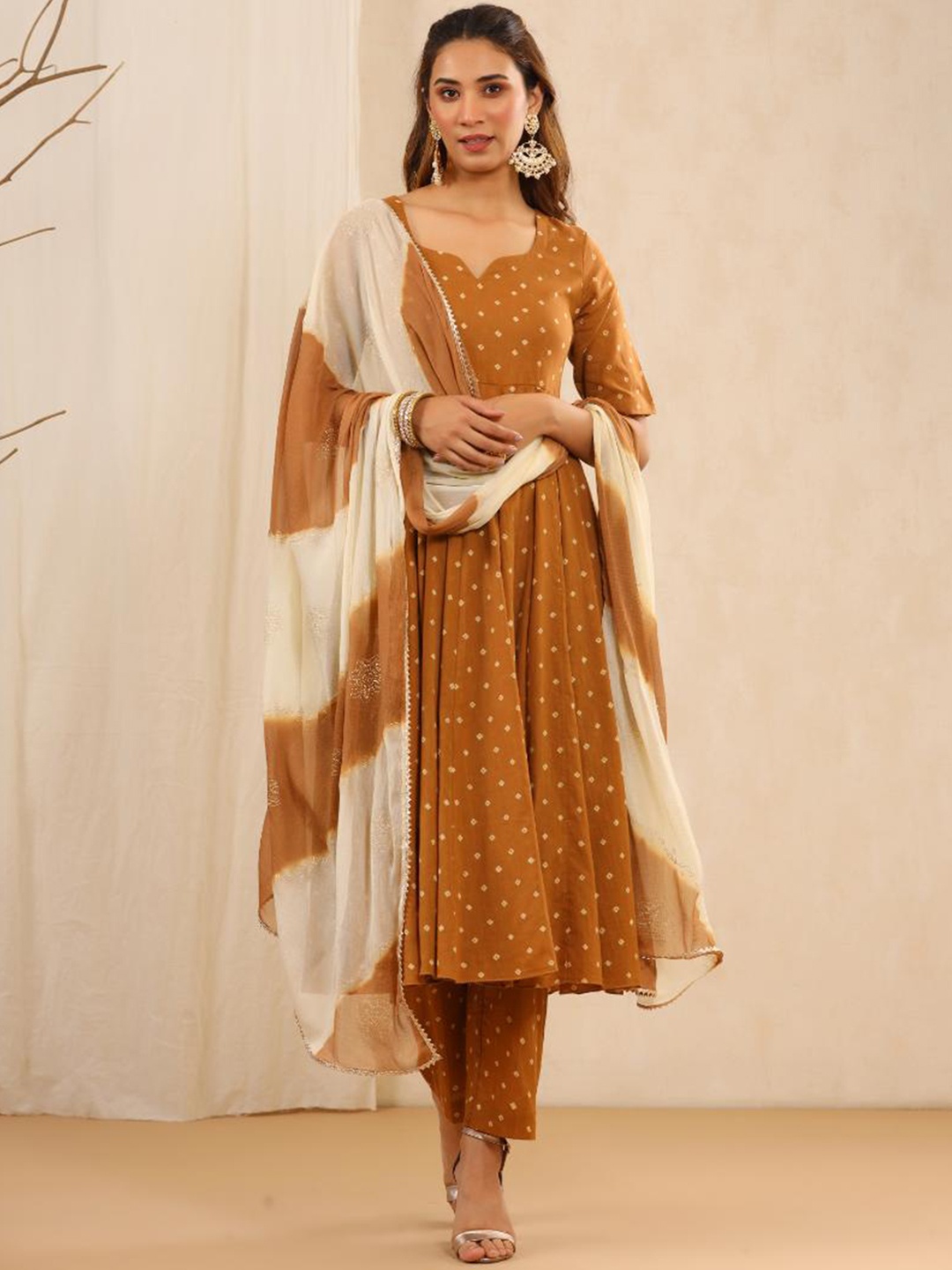 

Baisacrafts Women Brown Bandhani Pure Cotton Kurta with Trousers & Dupatta