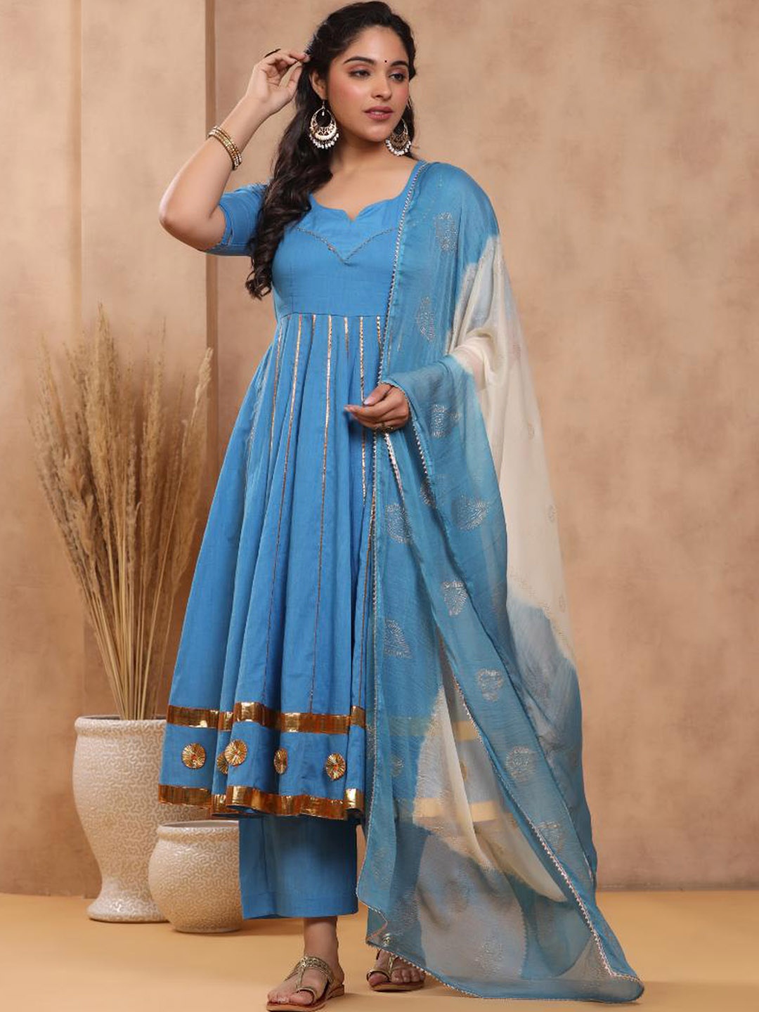 

Baisacrafts Women Turquoise Solid Gotapatti Cotton Anarkali Suit Set Dupatta, Turquoise blue