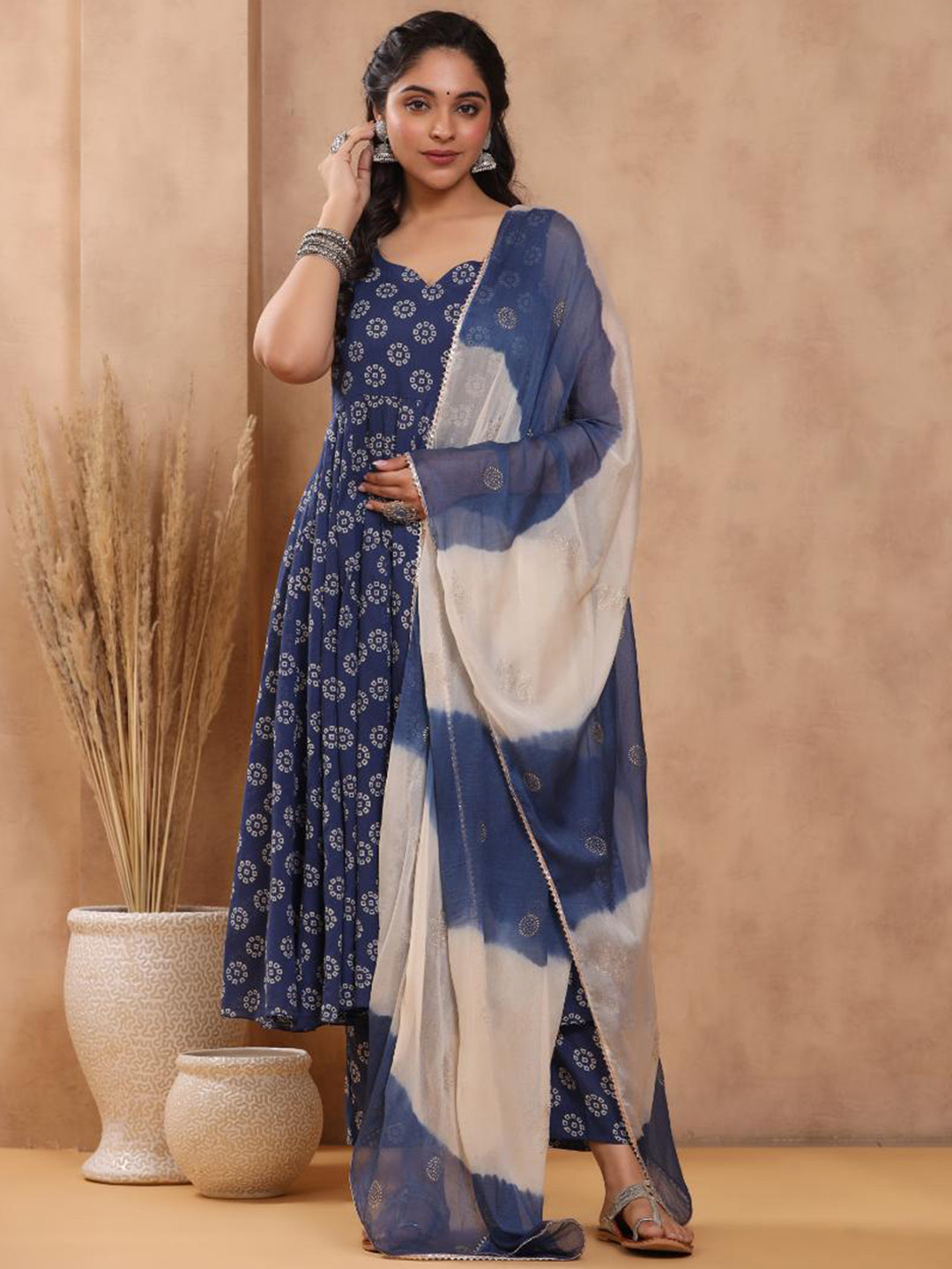 

Baisacrafts Women Blue Bandhani Printed Pure Cotton Kurta with Trousers & Dupatta