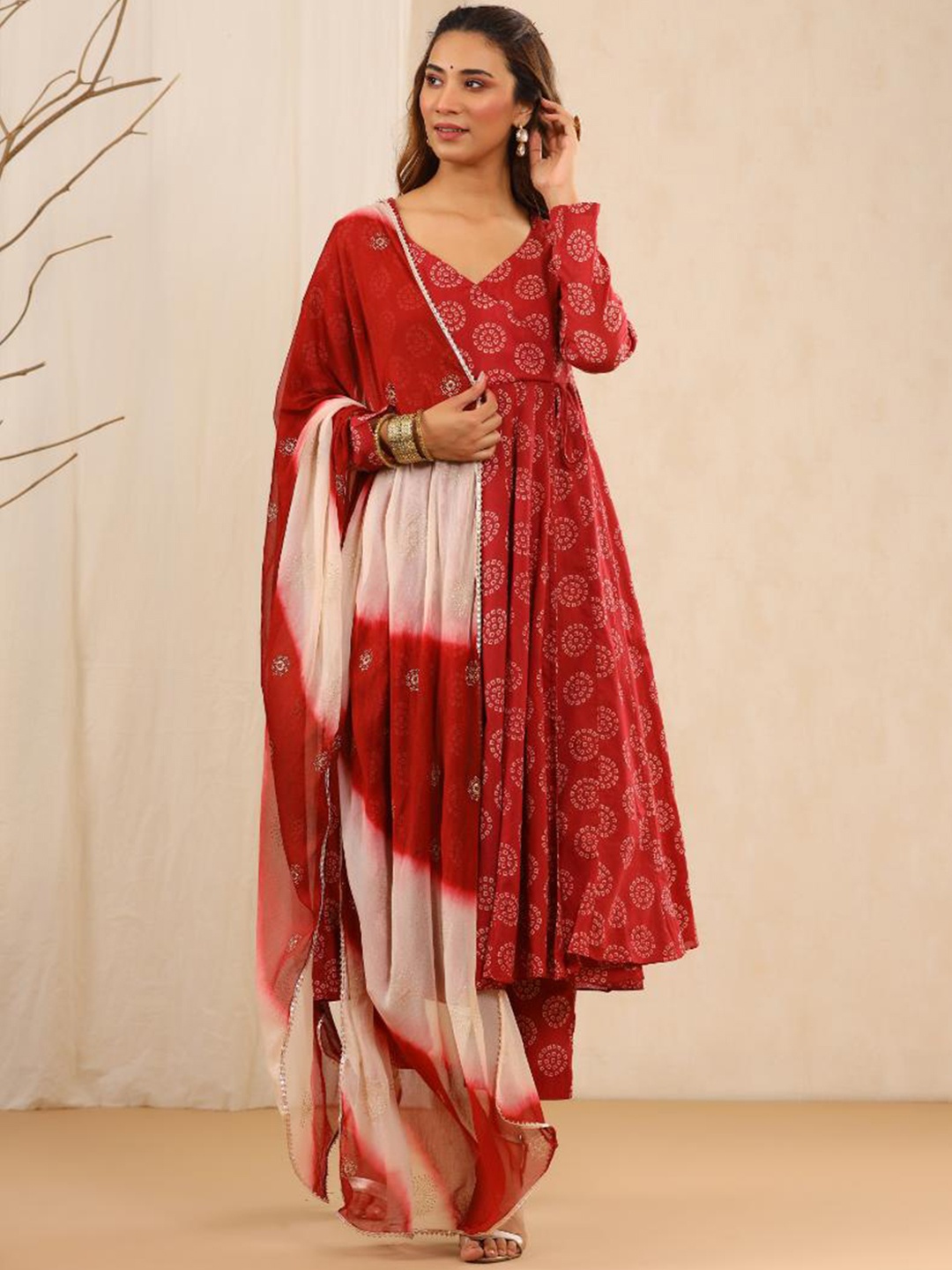 

Baisacrafts Women Red Bandhani Printed Angrakha Kurta With Trouser & Dupatta