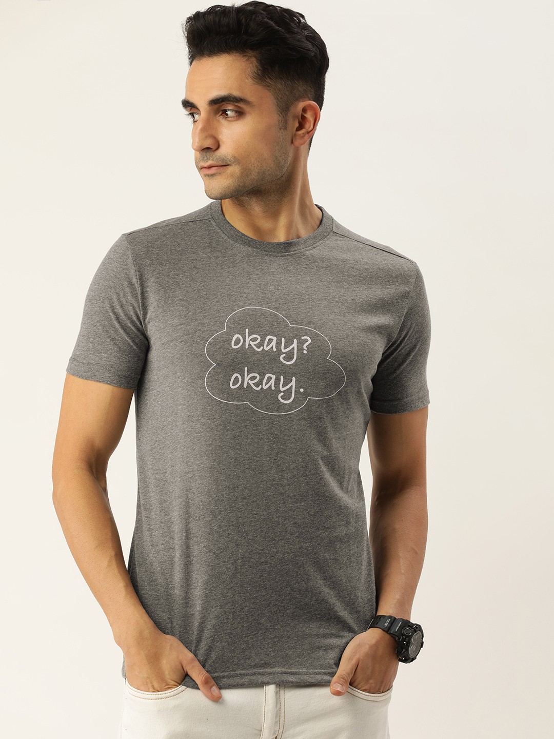 

FOREVER 21 Men Grey Melange Typography Printed T-shirt