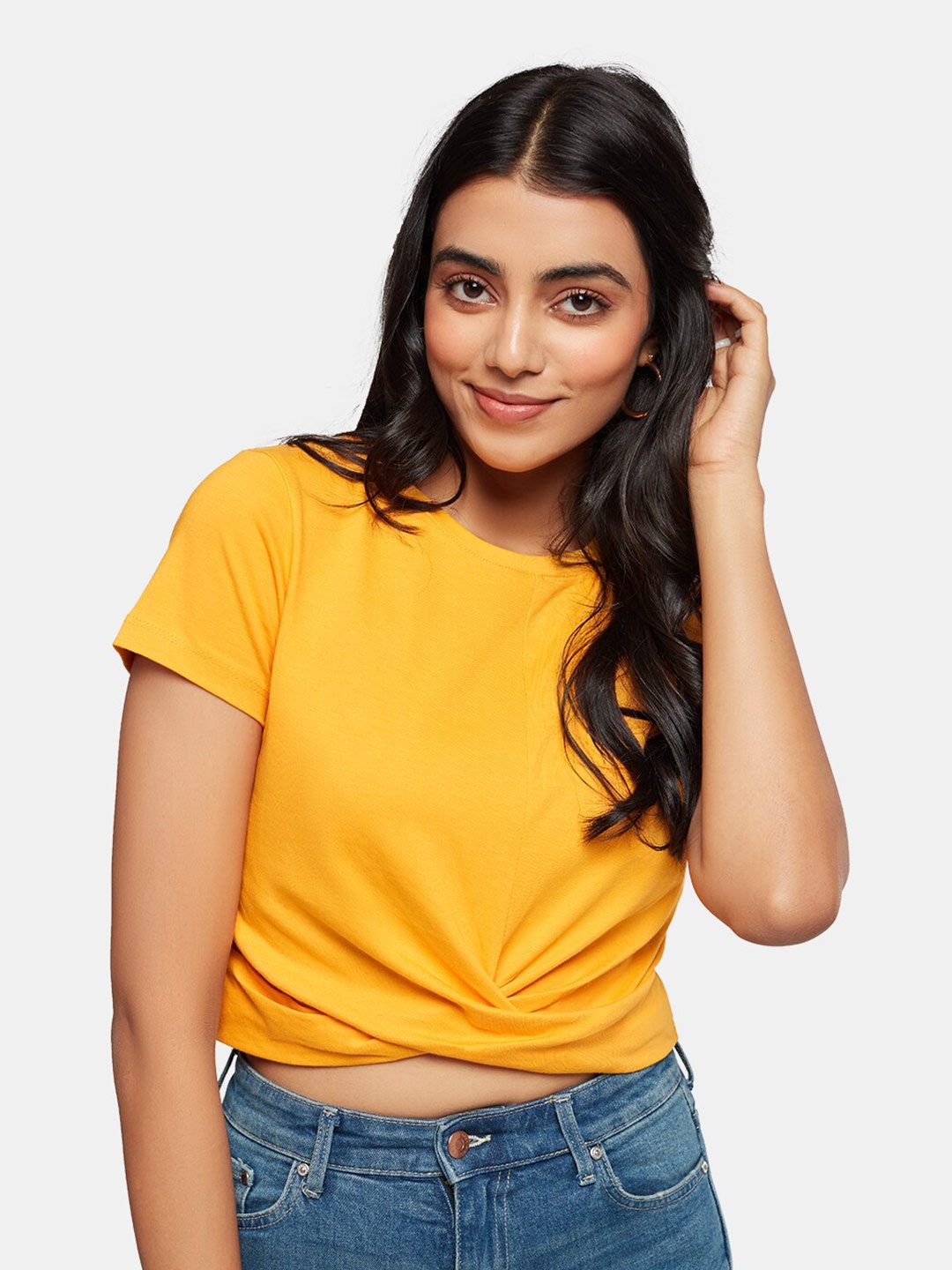 

The Souled Store Women Mustard Yellow Round-Neck Extended Sleeves T-shirt