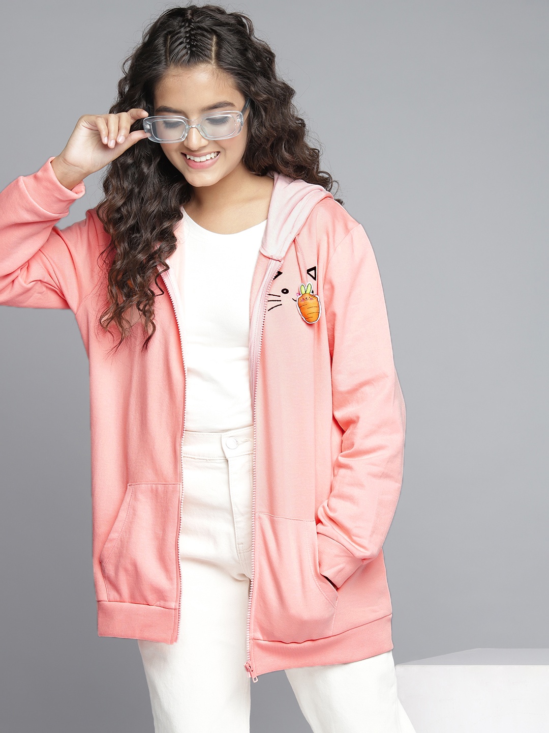 

YK Teen Girls Peach-Coloured Solid Hooded Sweatshirt with Applique Detail