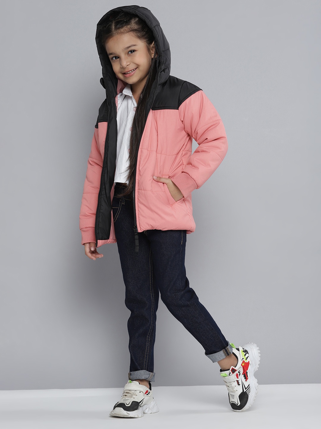 

YK Girls Pink & Black Colourblocked Hooded Padded Jacket