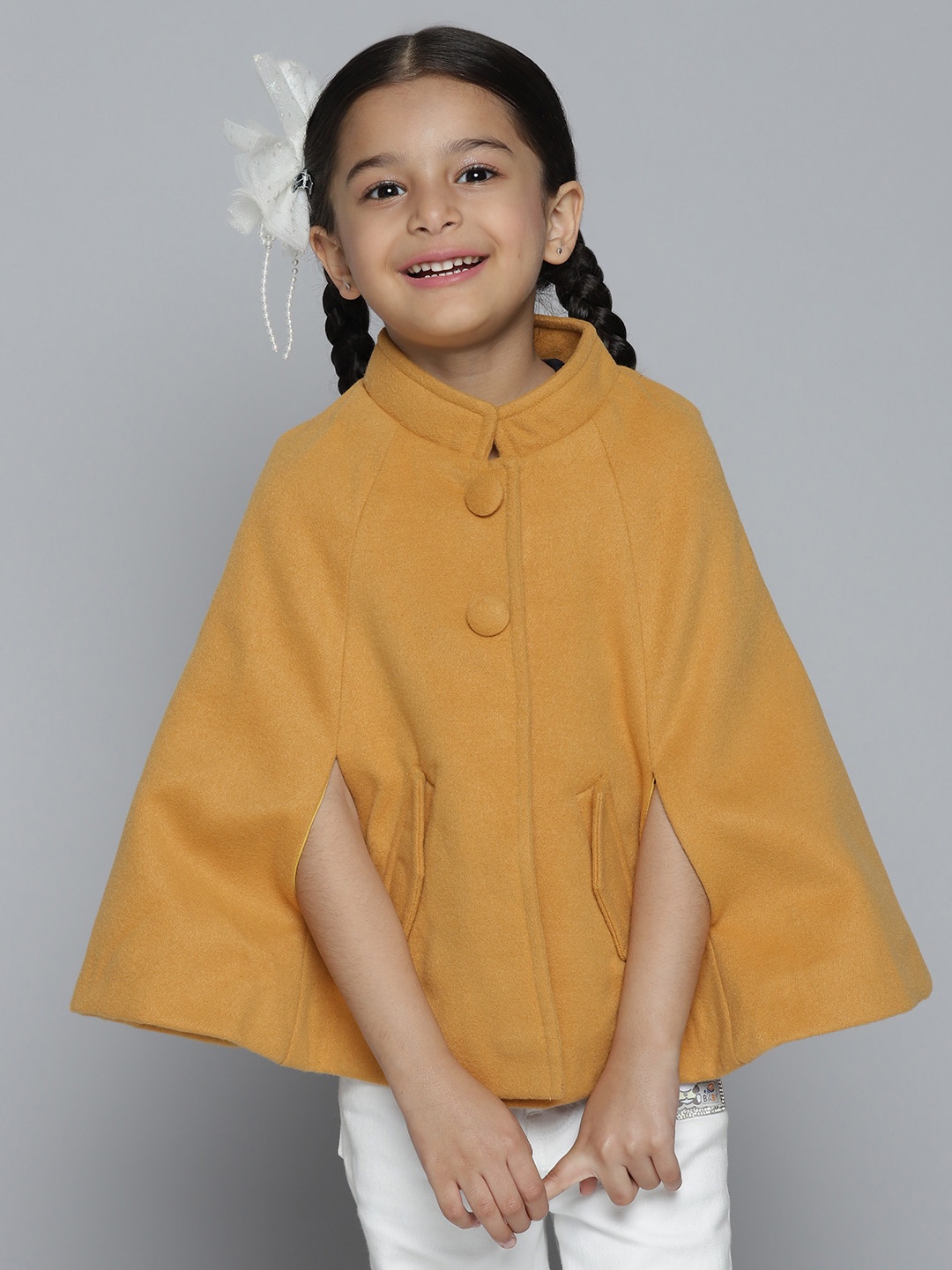 

YK Girls Mustard Yellow Solid Cape Coat