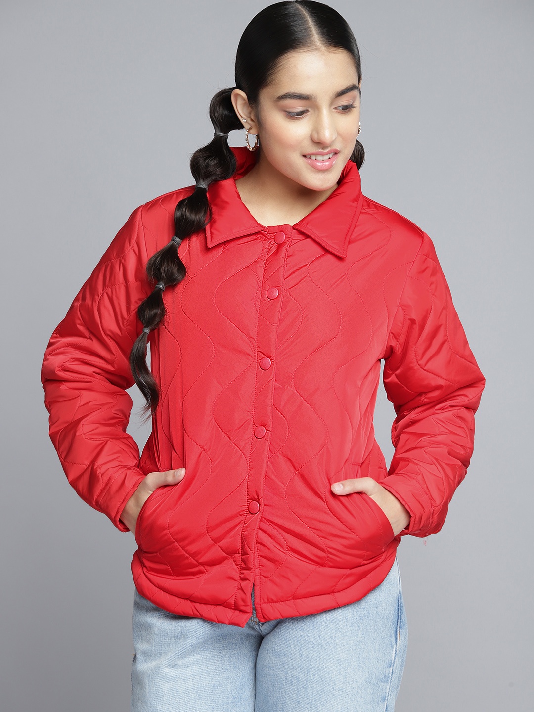 

YK Girls Red Solid Quilted Puffer Jacket