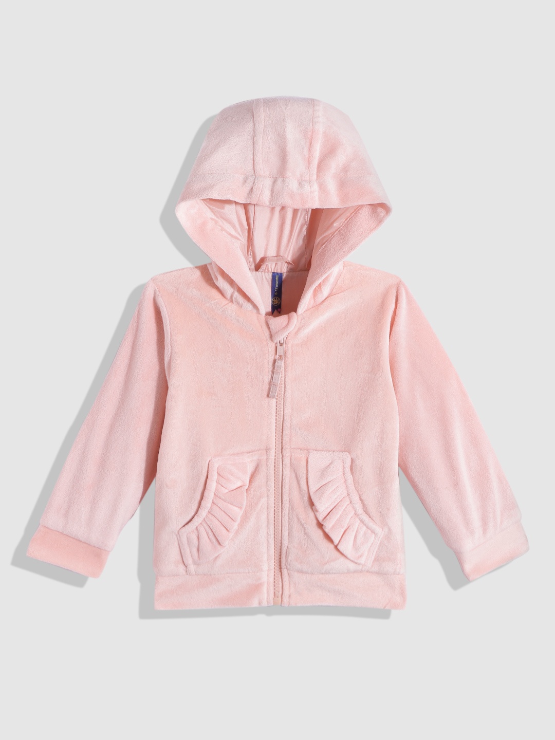 

YK Infant Girls Peach-Coloured Solid Velvet Ruffled Hooded Sweatshirt