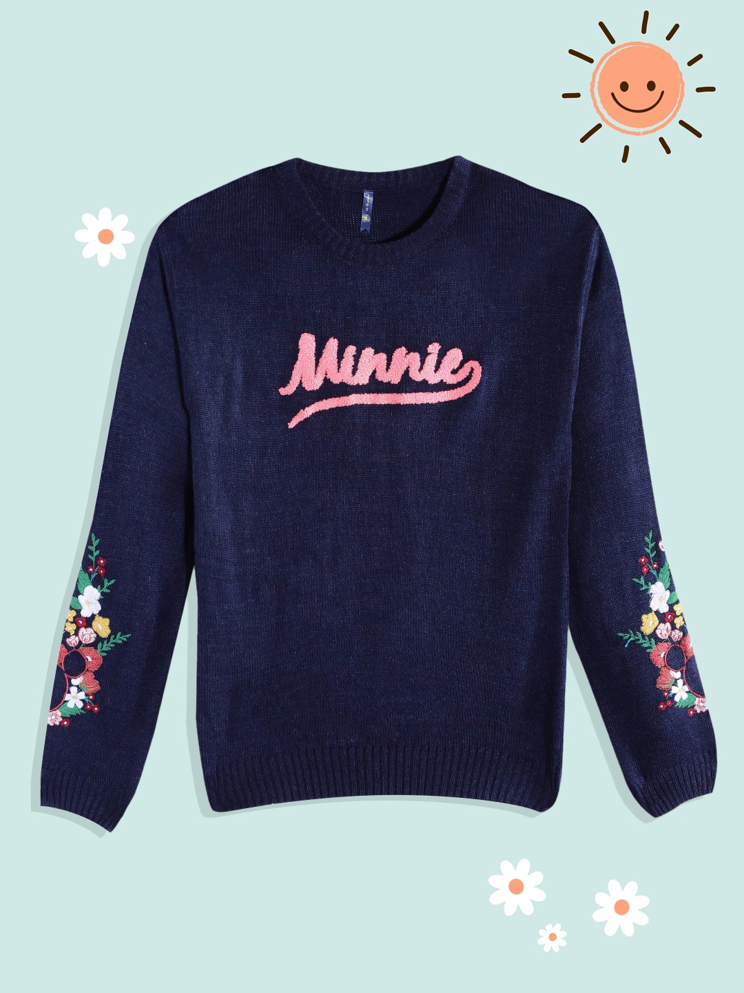 

YK Teen Girls Navy Blue & Pink Typography Patterned Floral Embroidered Detail Pullover