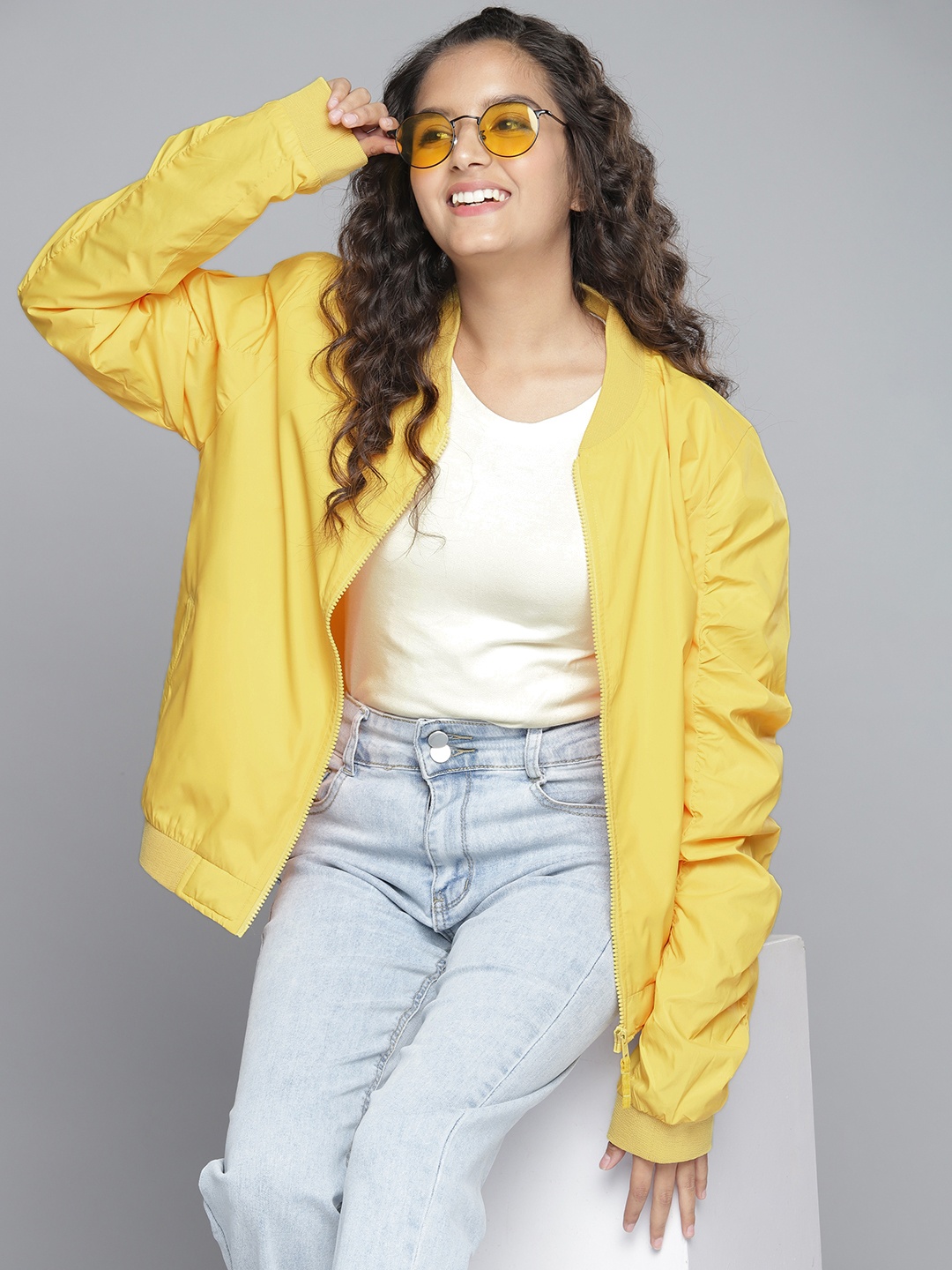 

YK Girls Yellow Solid Bomber Jacket