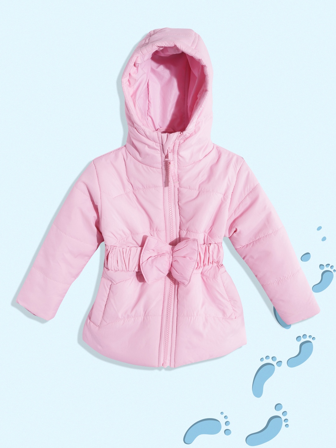 

YK Girls Pink Solid Padded Hooded Jacket with Bow Belt