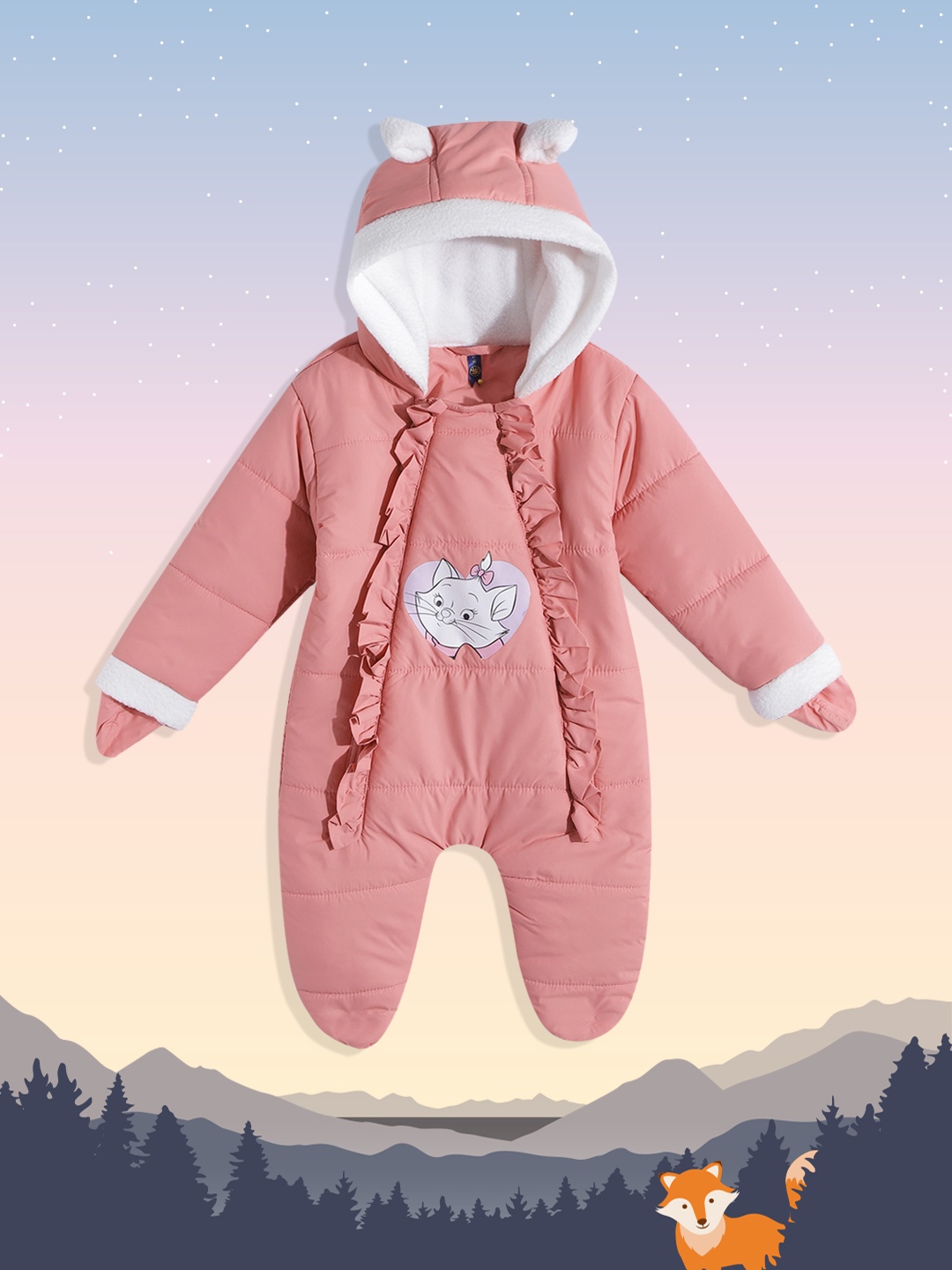 

YK Infant Girls Peach-Coloured & White Marie Print Ruffled Hooded Padded Winter Sleepsuit